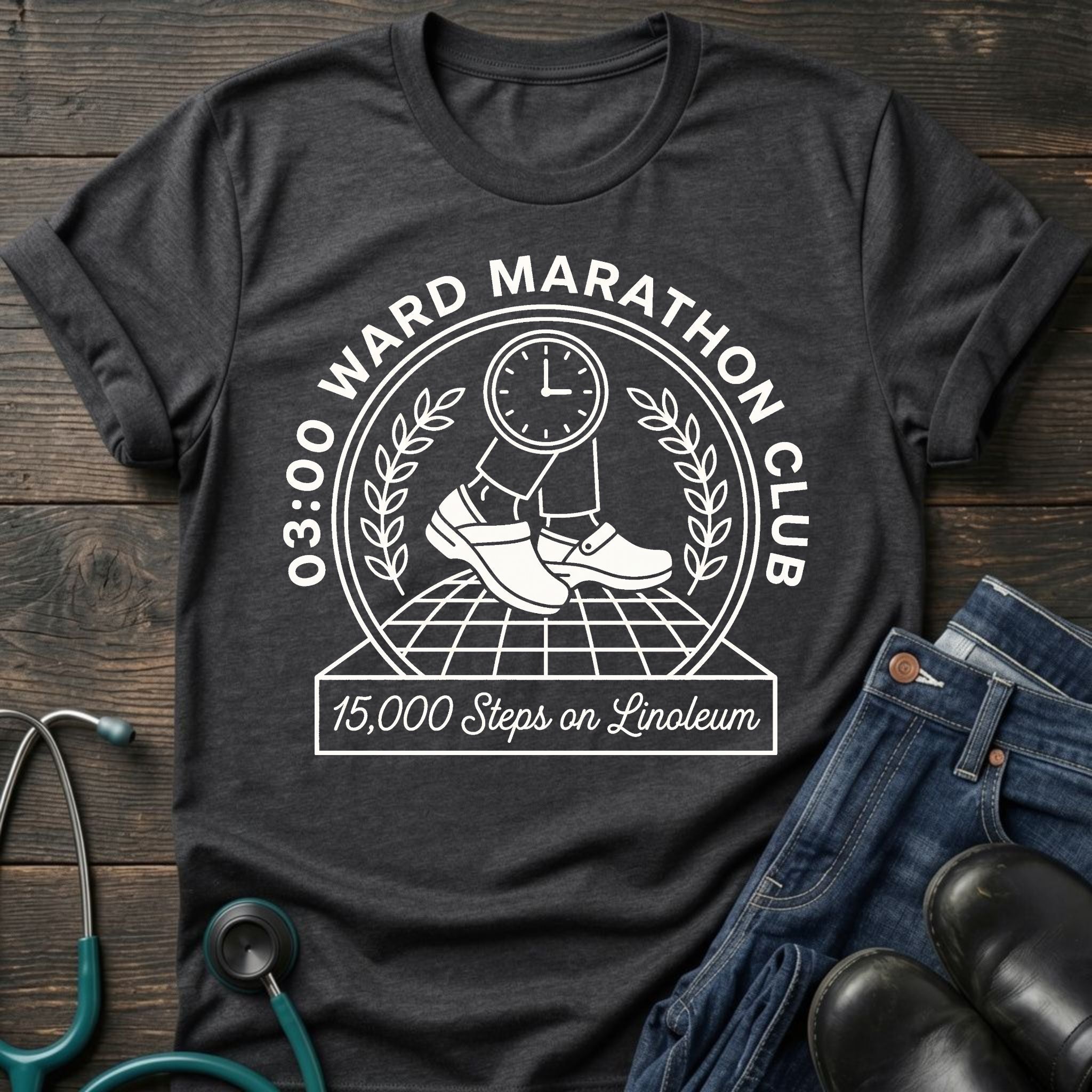 03:00 Ward Marathon Club Nurse Tee — 15,000 Steps on Linoleum