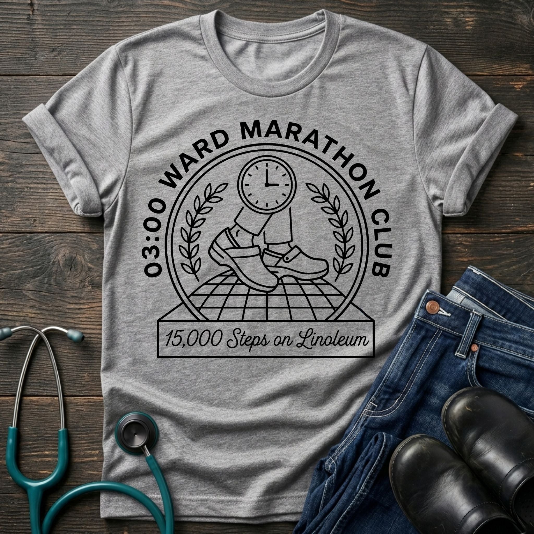 03:00 Ward Marathon Club Nurse Tee — 15,000 Steps on Linoleum