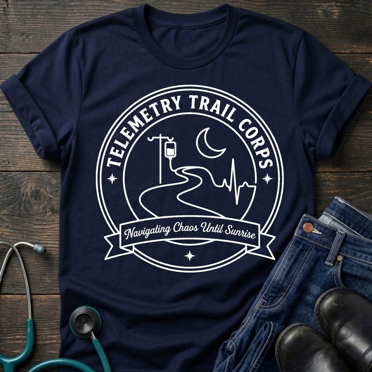 Telemetry Trail Corps Nurse Tee — Navigating Chaos Until Sunrise