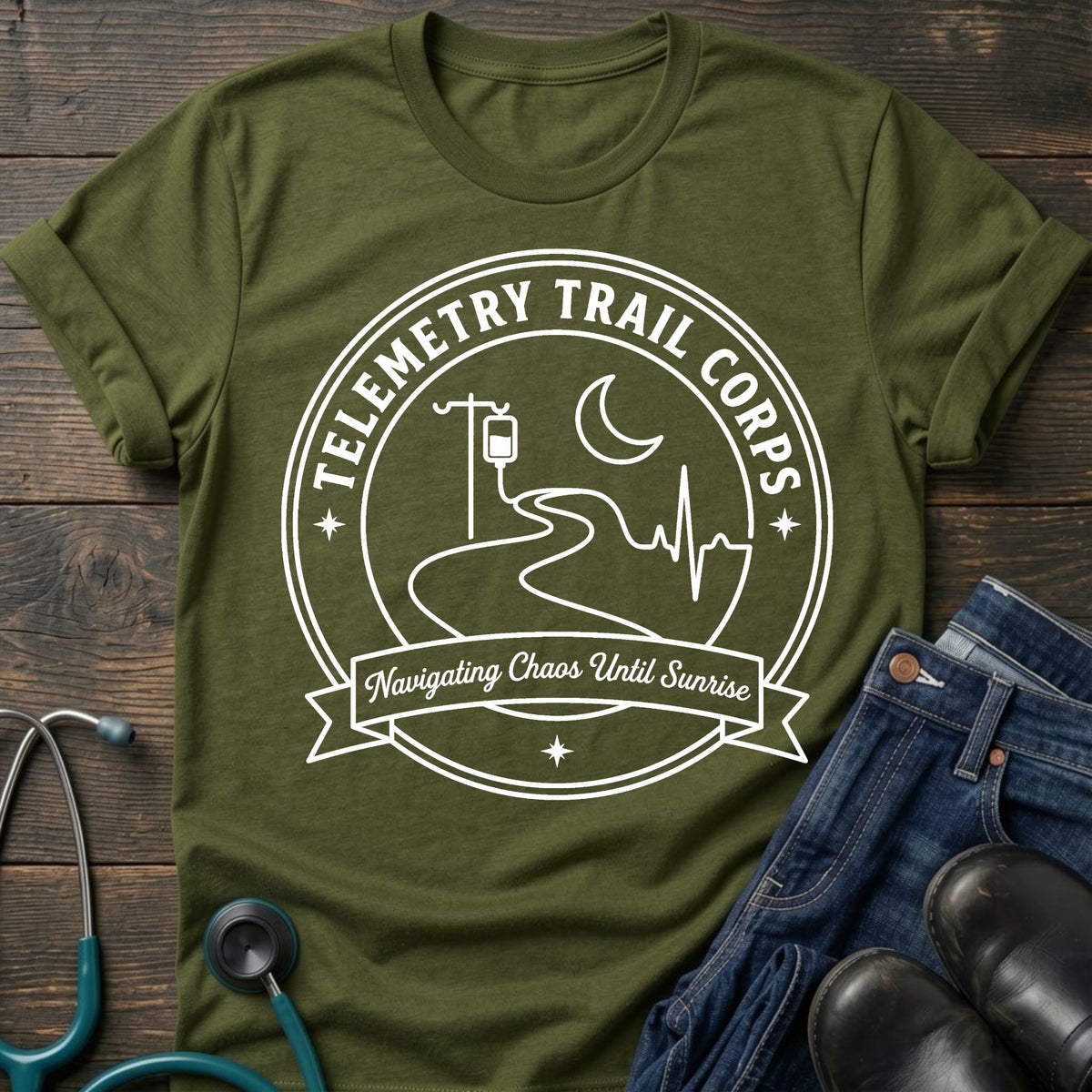 Telemetry Trail Corps Nurse Tee — Navigating Chaos Until Sunrise