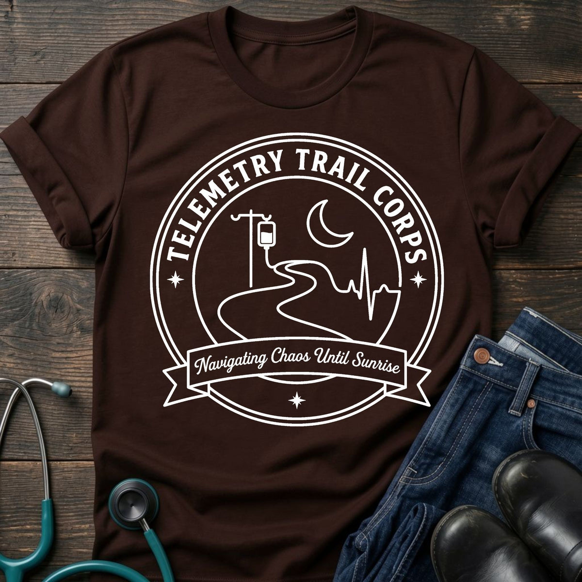 Telemetry Trail Corps Nurse Tee — Navigating Chaos Until Sunrise
