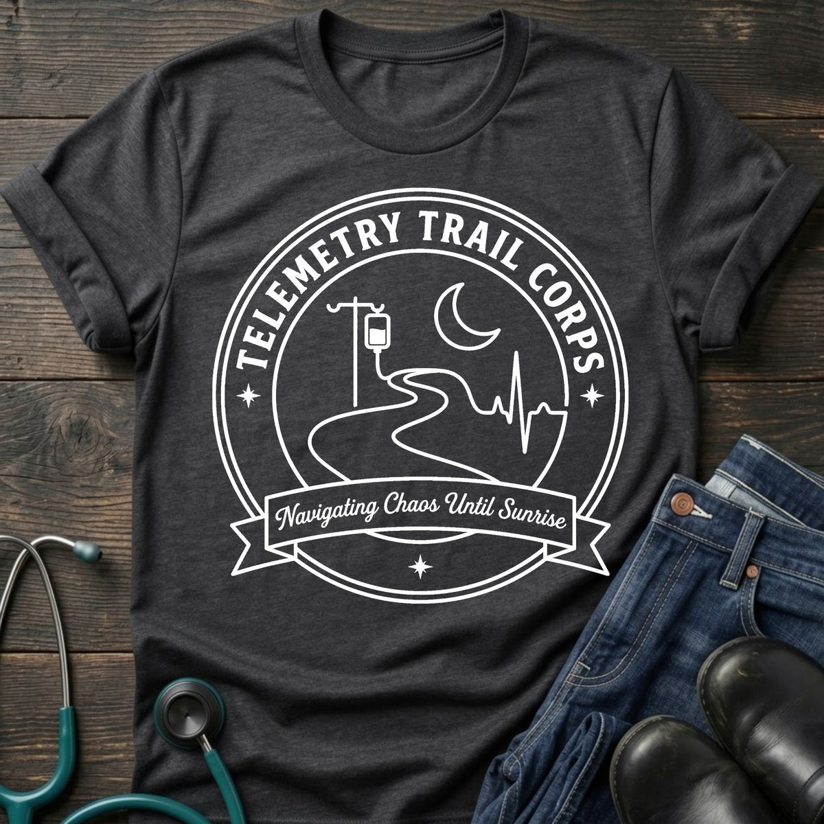 Telemetry Trail Corps Nurse Tee — Navigating Chaos Until Sunrise