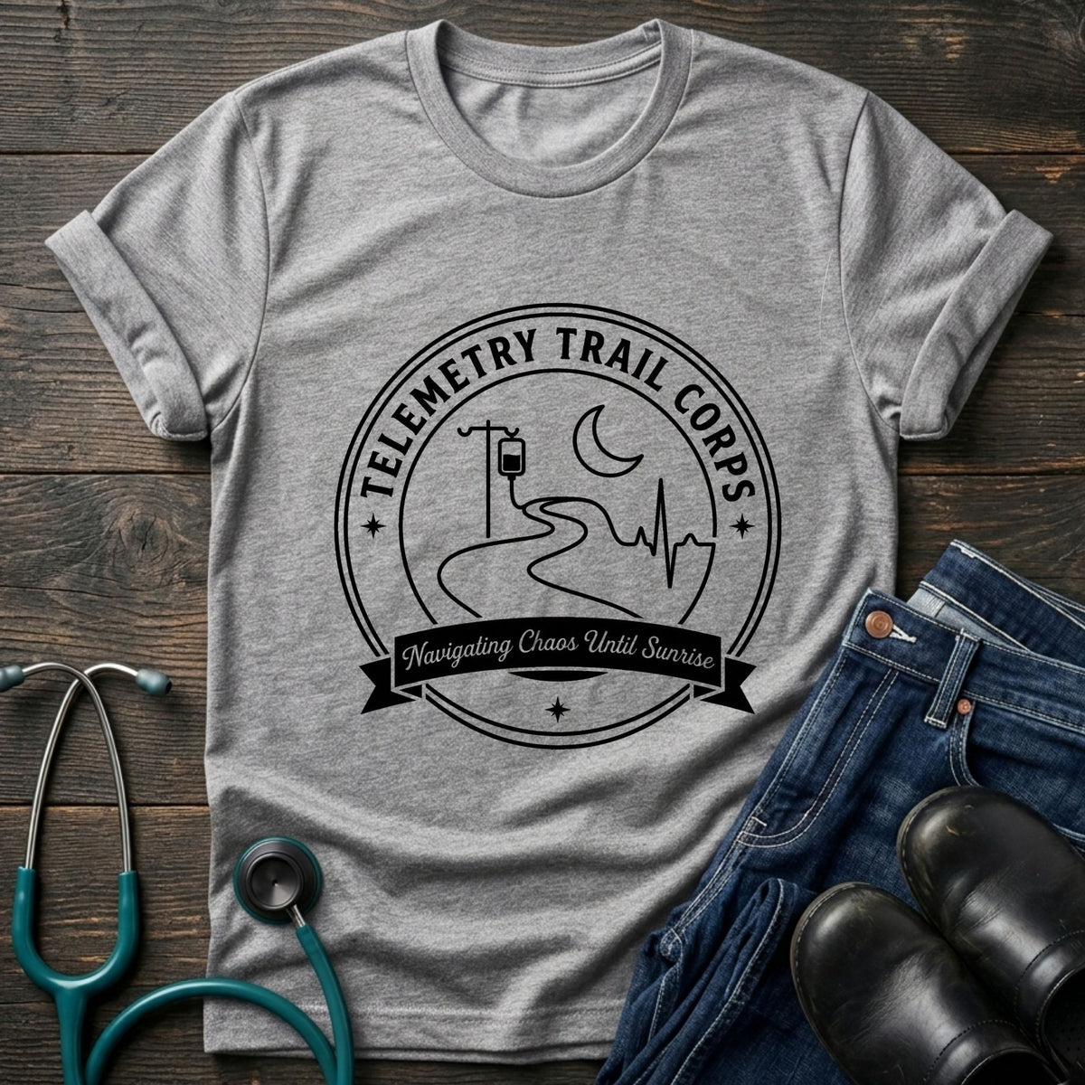 Telemetry Trail Corps Nurse Tee — Navigating Chaos Until Sunrise