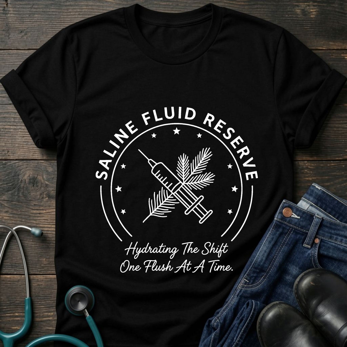 Saline Fluid Reserve Nurse Tee — Hydrating the Shift One Flush at a Time