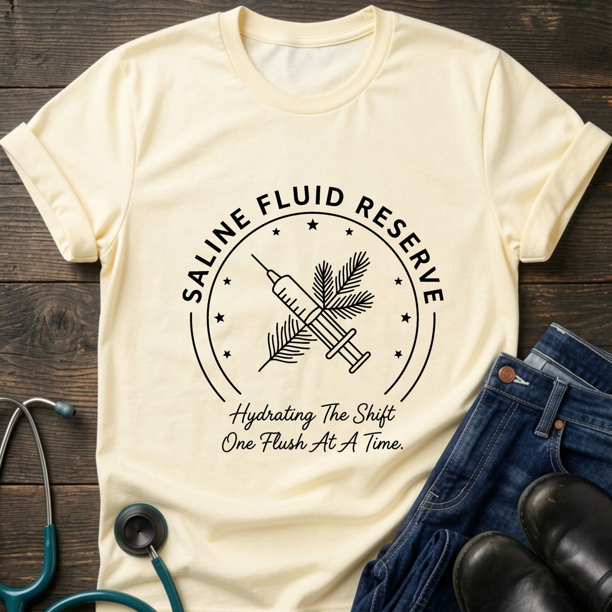 Saline Fluid Reserve Nurse Tee — Hydrating the Shift One Flush at a Time
