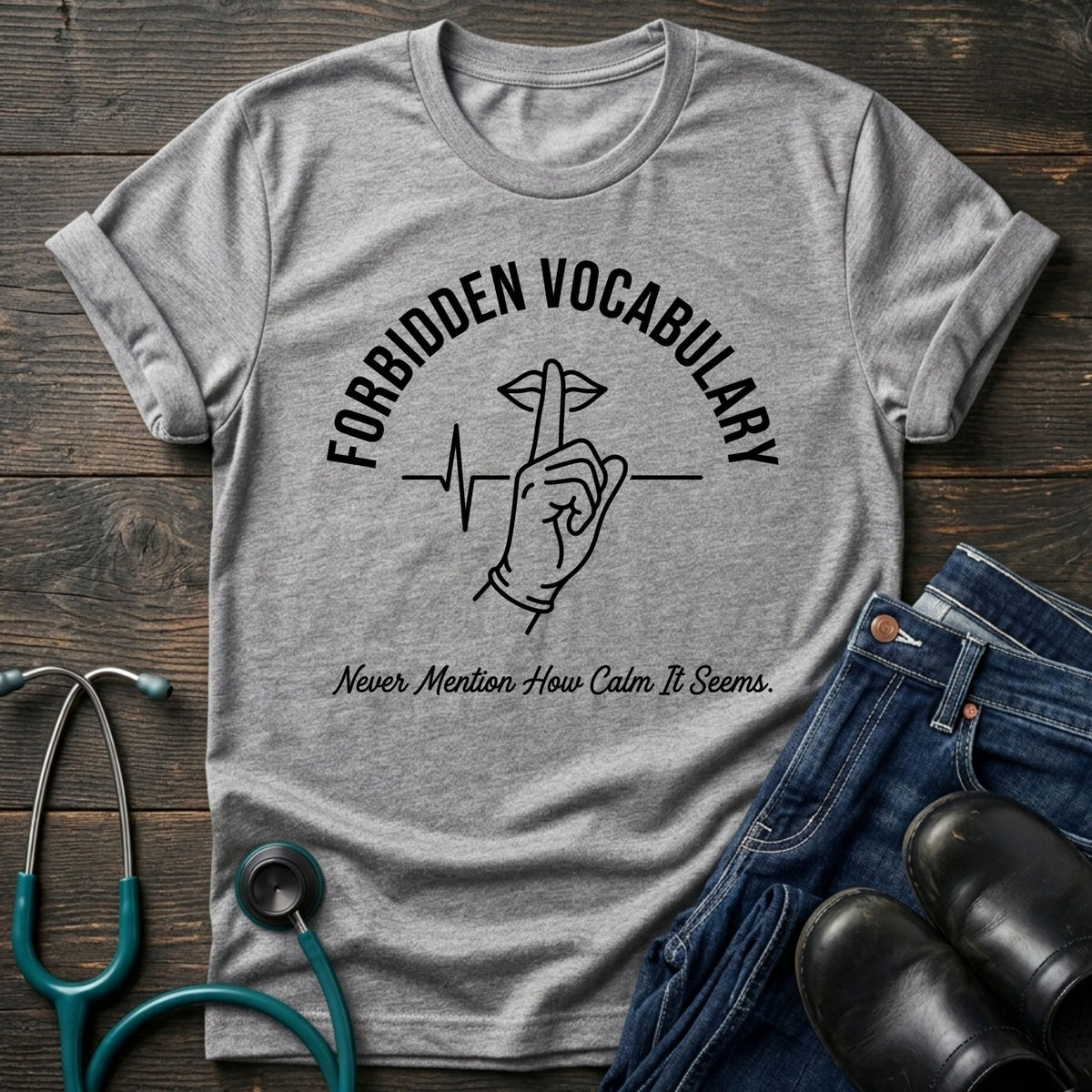 Forbidden Vocabulary Nurse Tee — Never Mention How Calm It Seems