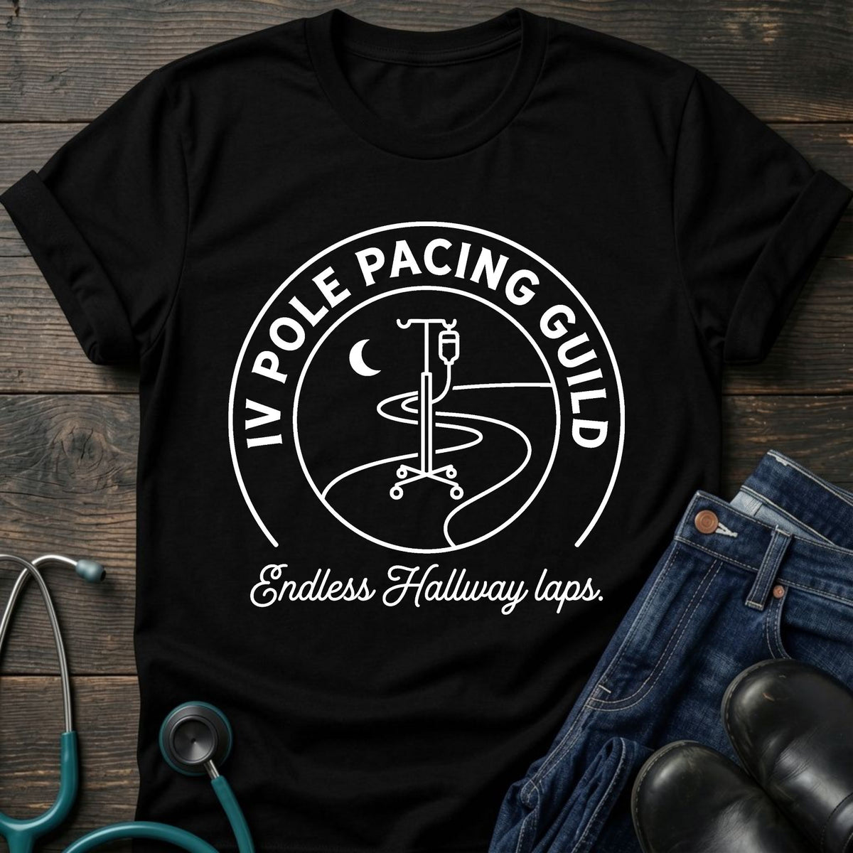 IV Pole Pacing Guild Nurse Tee — Endless Hallway Laps