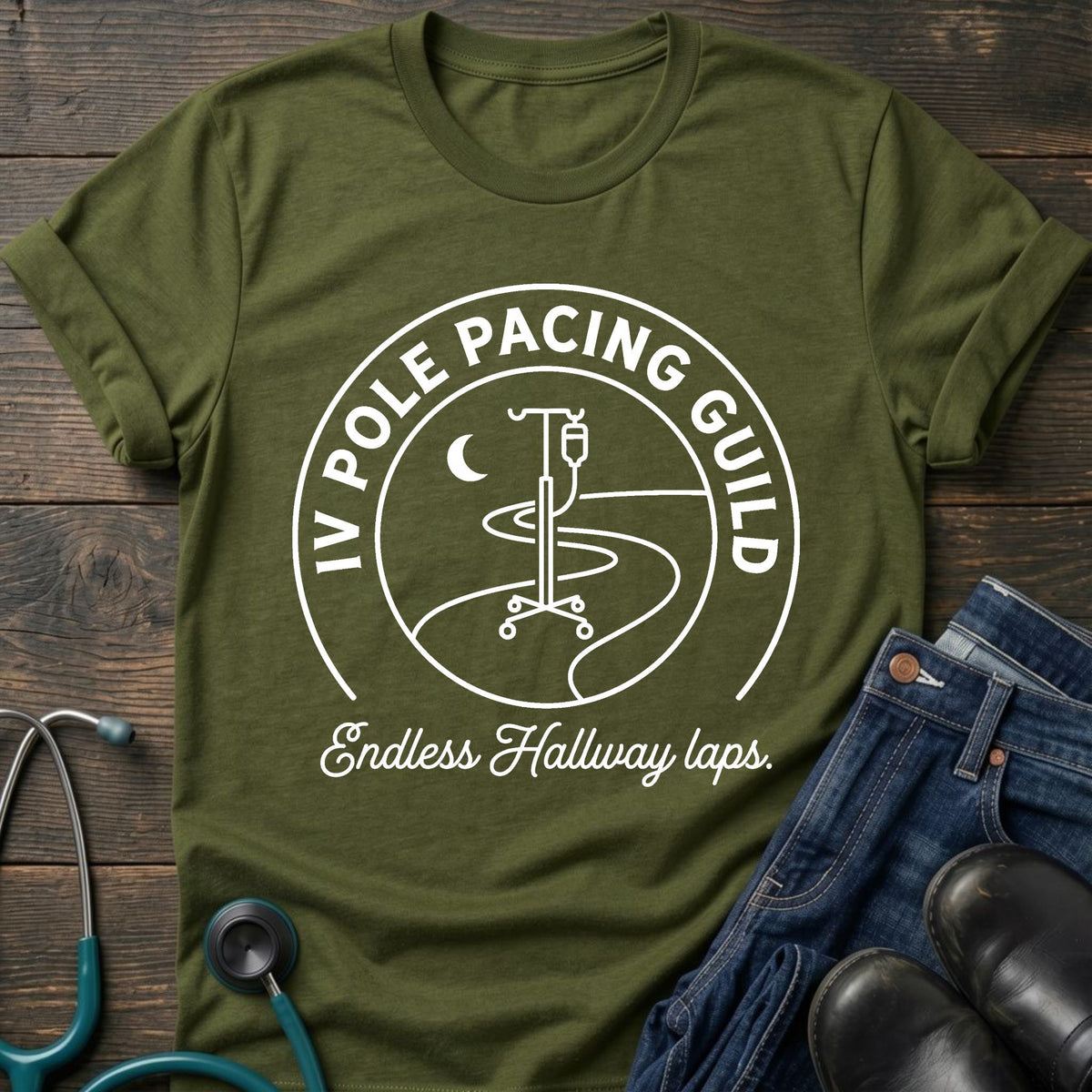 IV Pole Pacing Guild Nurse Tee — Endless Hallway Laps