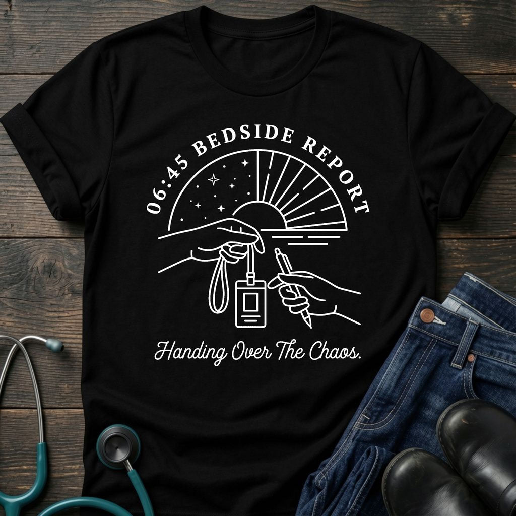 Bedside Report Nurse Tee — Handing Over the Chaos