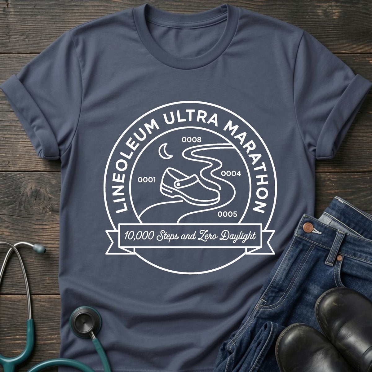 Linoleum Ultra Marathon Night Shift Nurse Tee — 30,000 Steps