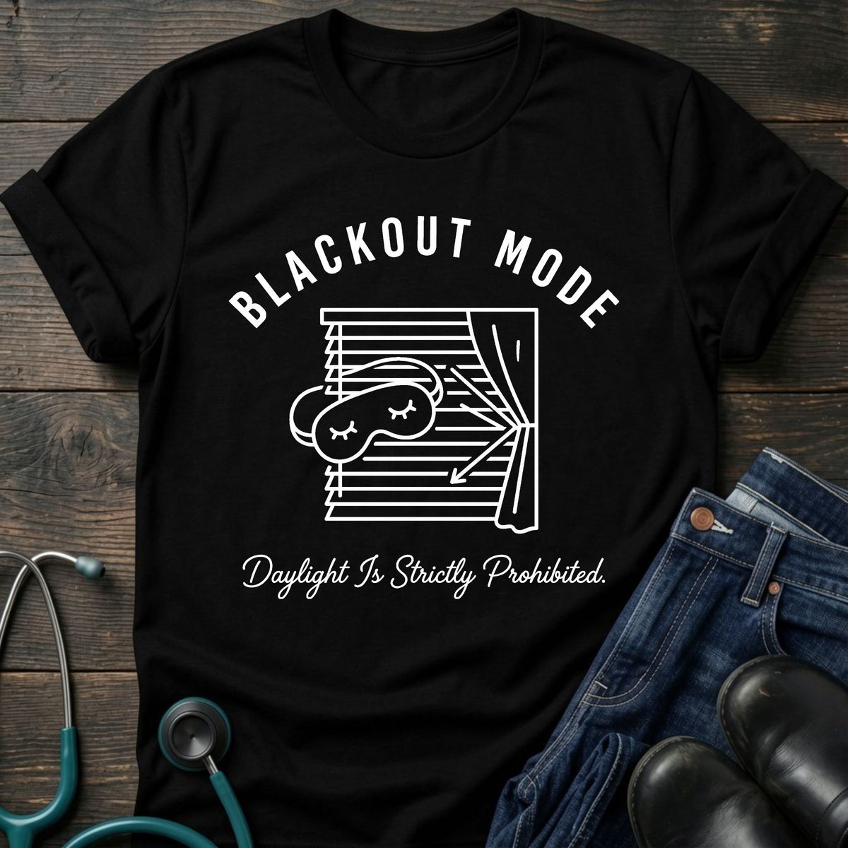 Blackout Mode Night Shift Nurse Tee — Daylight Is Strictly Prohibited