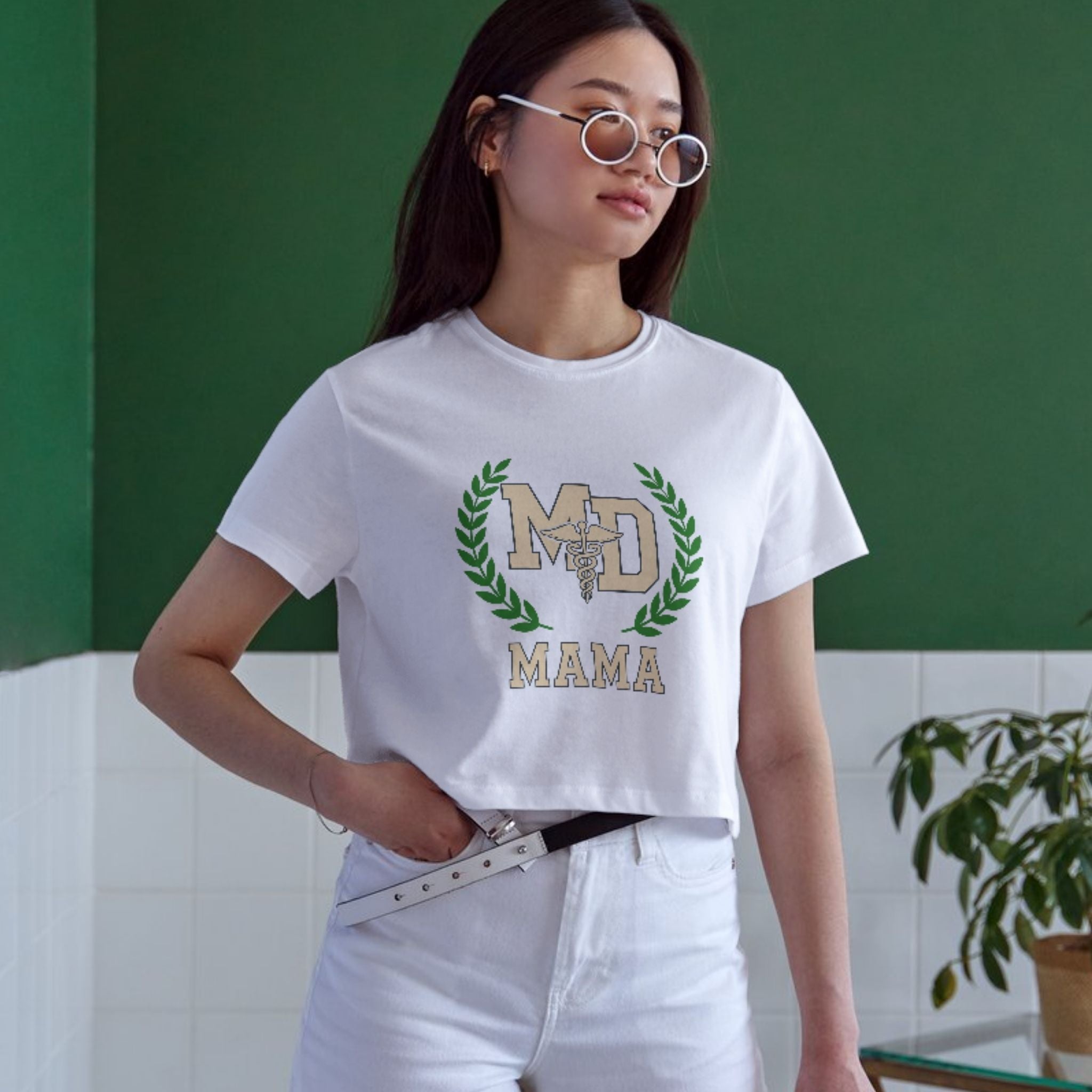 MD Mama College Crest T-Shirt — Mom Tee with Laurel Wreath