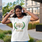 MD Mama College Crest T-Shirt — Mom Tee with Laurel Wreath