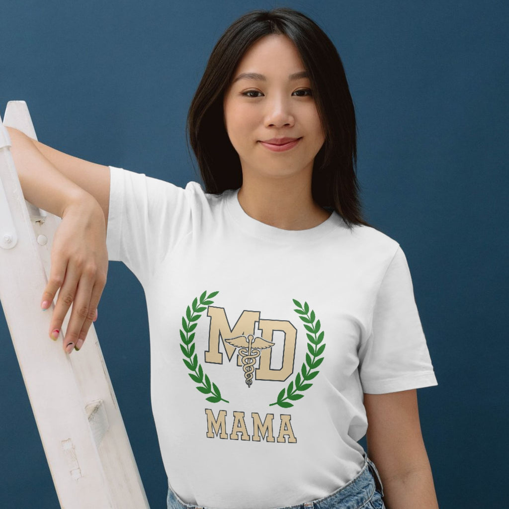 MD Mama College Crest T-Shirt — Mom Tee with Laurel Wreath