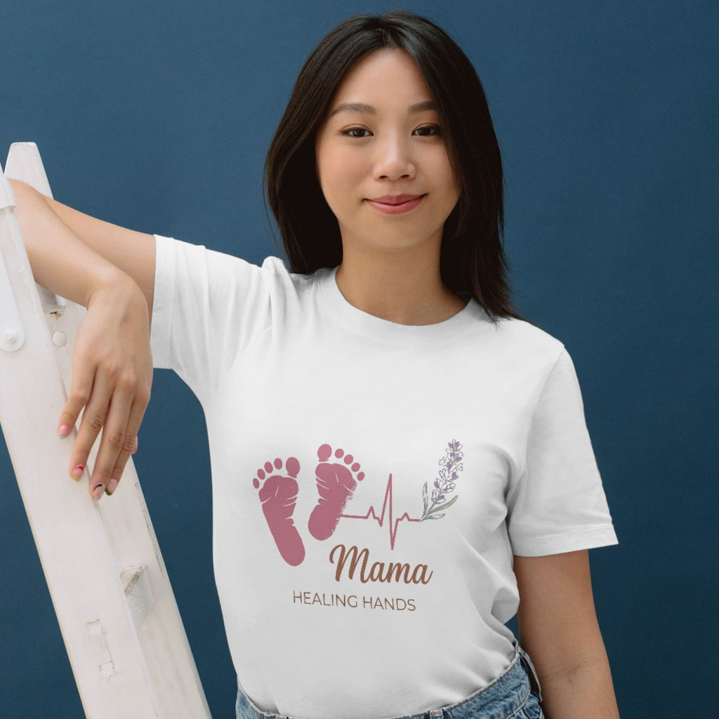 Mama Healing Hands T-Shirt — Baby Footprint & Heartbeat Maternity Tee for Nurse Moms