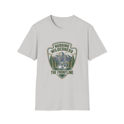 Nursing Wilderness T-Shirt — "The Frontline" Outdoor Nurse Stethoscope Badge