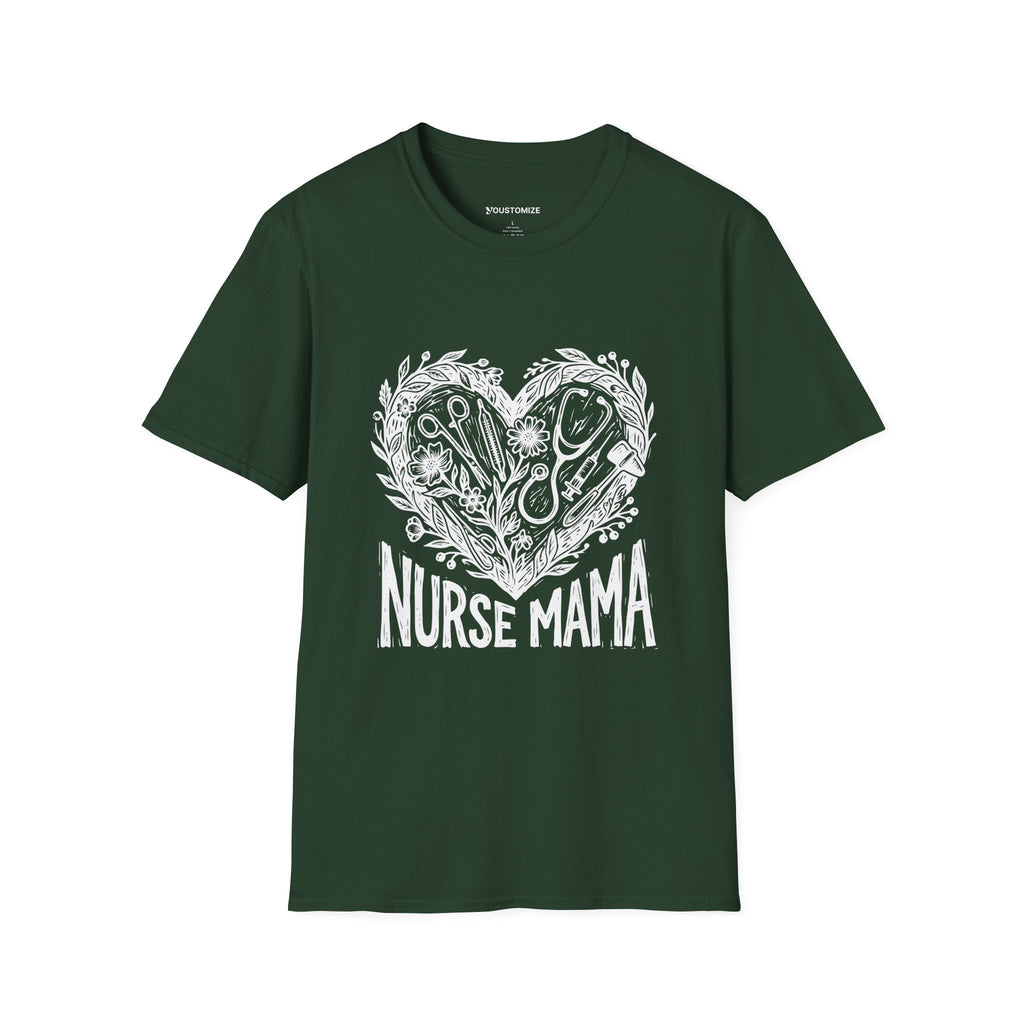 Nurse Mama T-Shirt — Heart Stethoscope & Nursing Tools Graphic