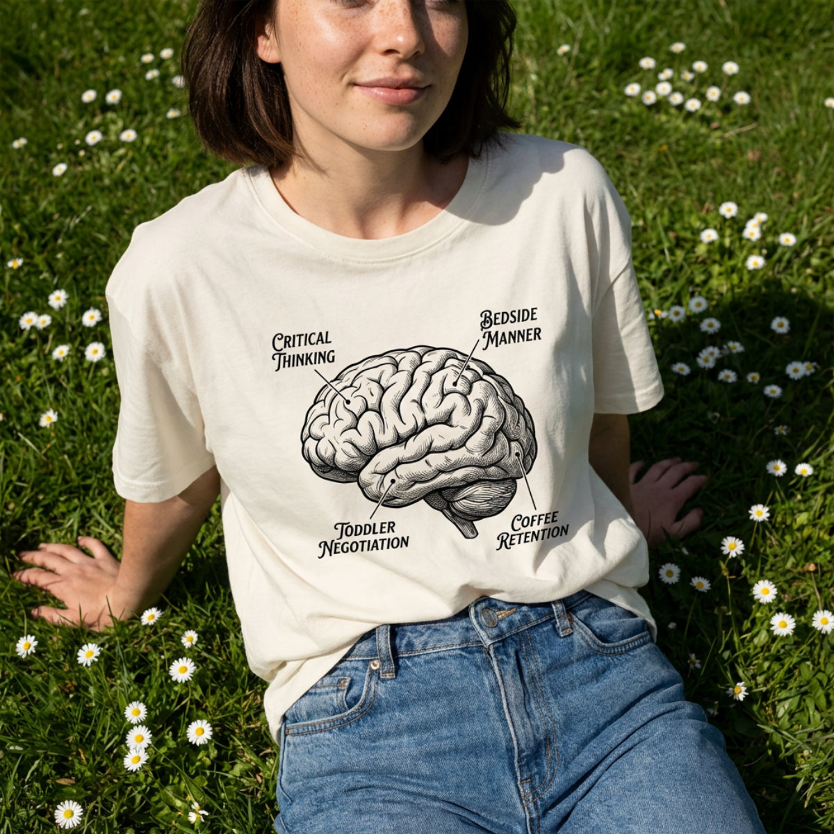 Brain Anatomy T-Shirt — Vintage Illustrated Brain with Labeled Sections (Critical Thinking, Coffee Retention)