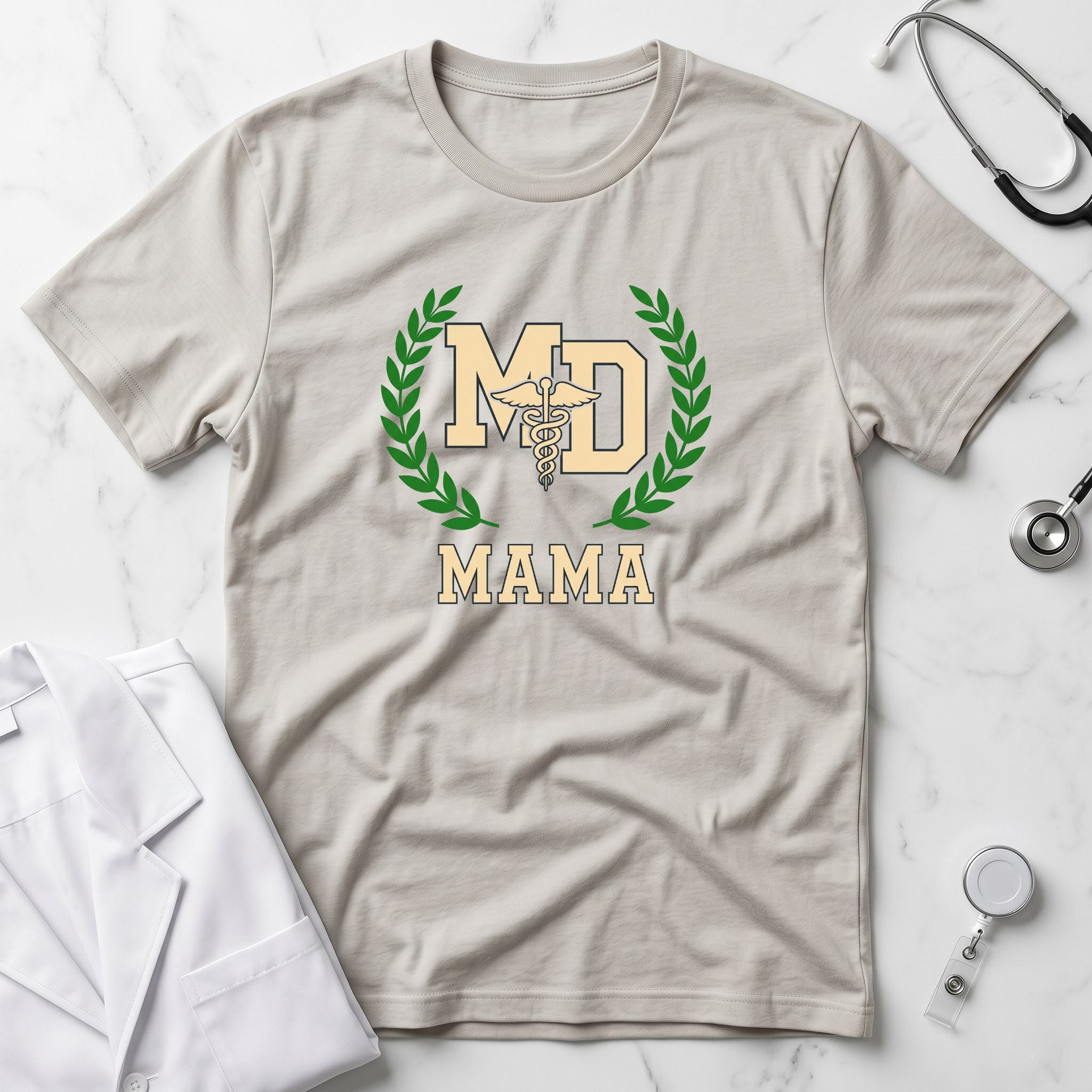 MD Mama College Crest T-Shirt — Mom Tee with Laurel Wreath
