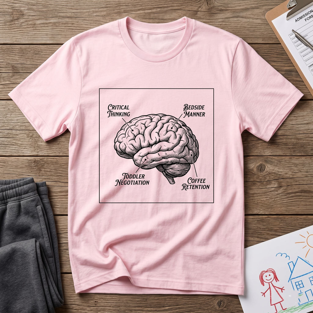 Brain Anatomy T-Shirt — Vintage Illustrated Brain with Labeled Sections (Critical Thinking, Coffee Retention)