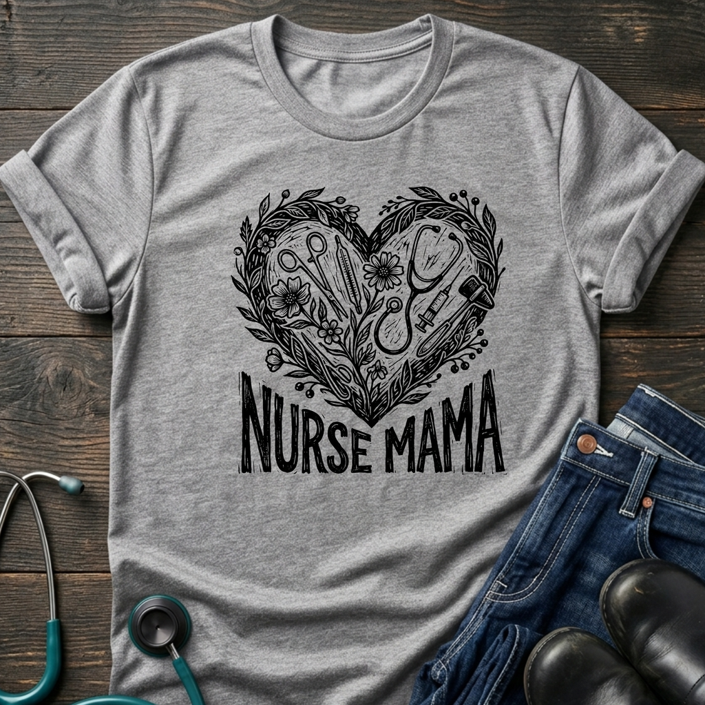 Nurse Mama T-Shirt — Heart Stethoscope & Nursing Tools Graphic