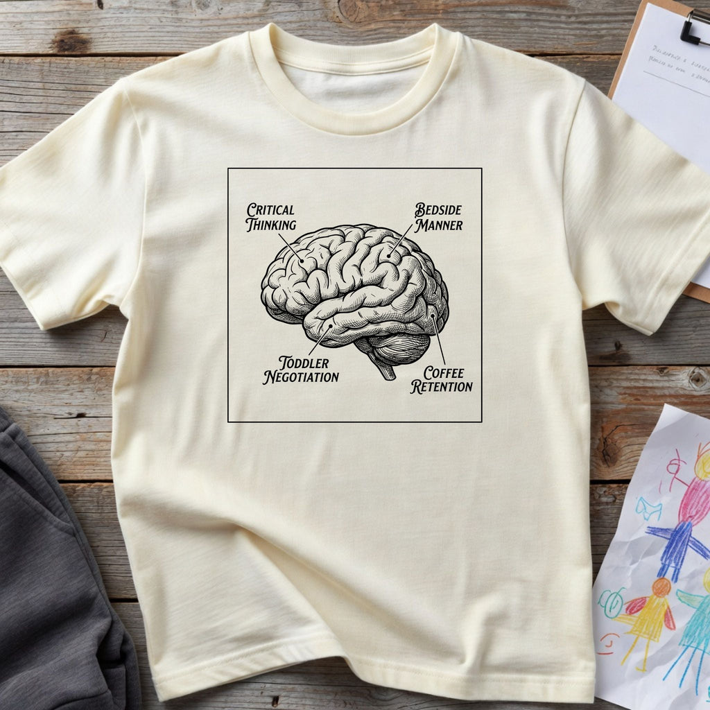 Brain Anatomy T-Shirt — Vintage Illustrated Brain with Labeled Sections (Critical Thinking, Coffee Retention)