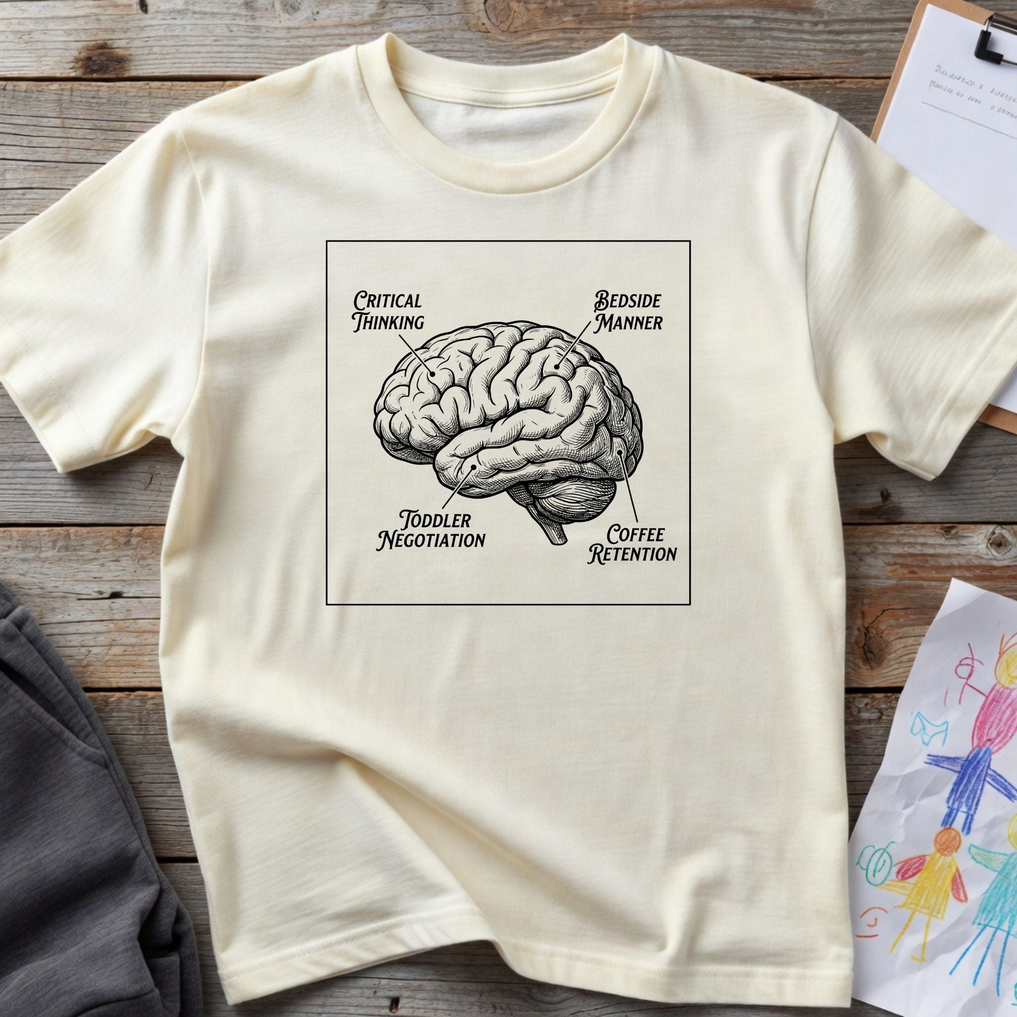 Brain Anatomy T-Shirt — Vintage Illustrated Brain with Labeled Sections (Critical Thinking, Coffee Retention)