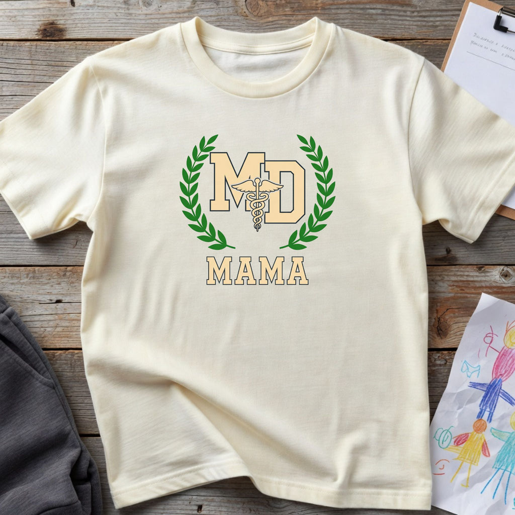 MD Mama College Crest T-Shirt — Mom Tee with Laurel Wreath