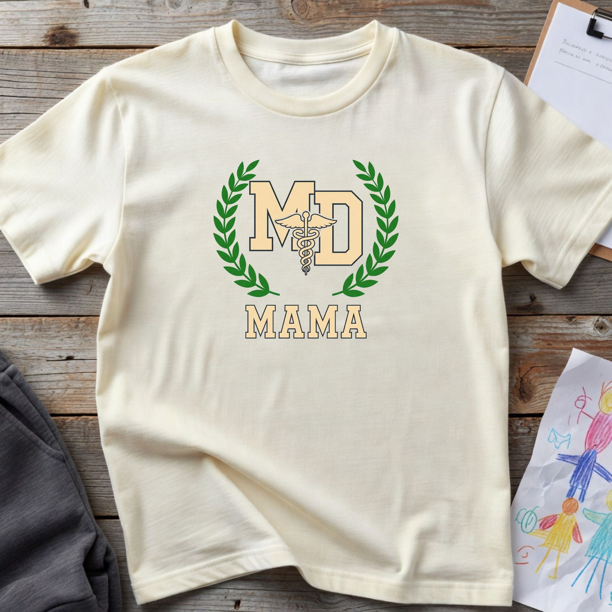 MD Mama College Crest T-Shirt — Mom Tee with Laurel Wreath