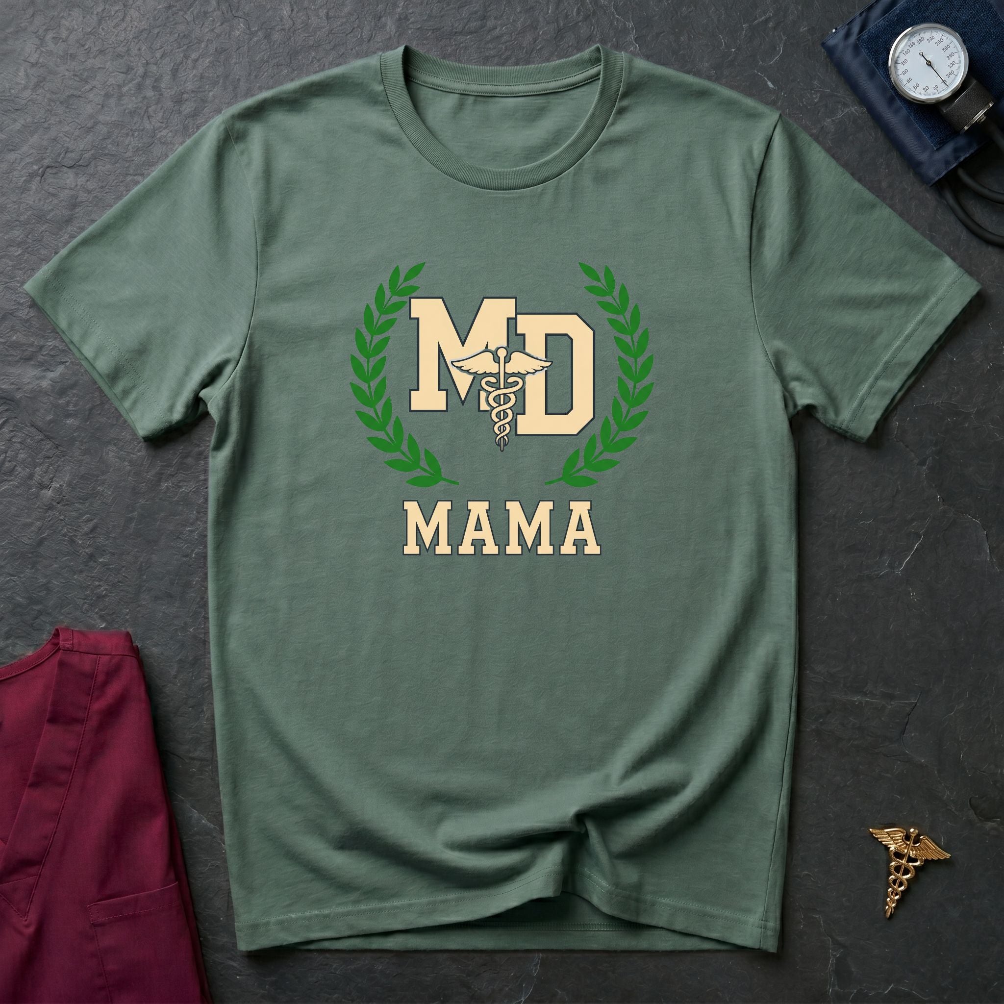 MD Mama College Crest T-Shirt — Mom Tee with Laurel Wreath