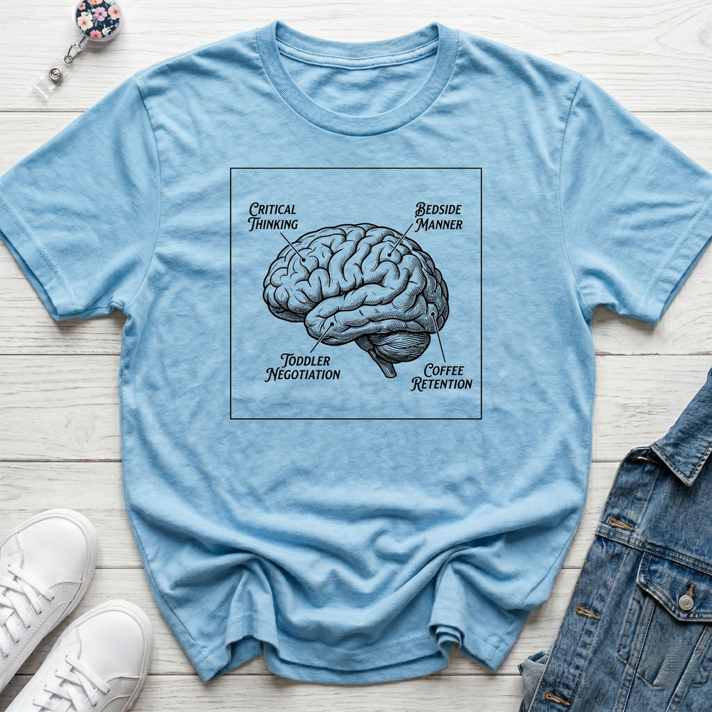 Brain Anatomy T-Shirt — Vintage Illustrated Brain with Labeled Sections (Critical Thinking, Coffee Retention)