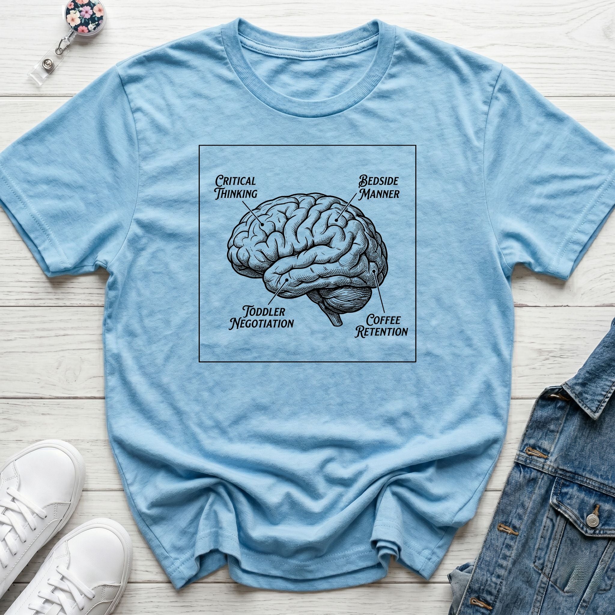 Brain Anatomy T-Shirt — Vintage Illustrated Brain with Labeled Sections (Critical Thinking, Coffee Retention)