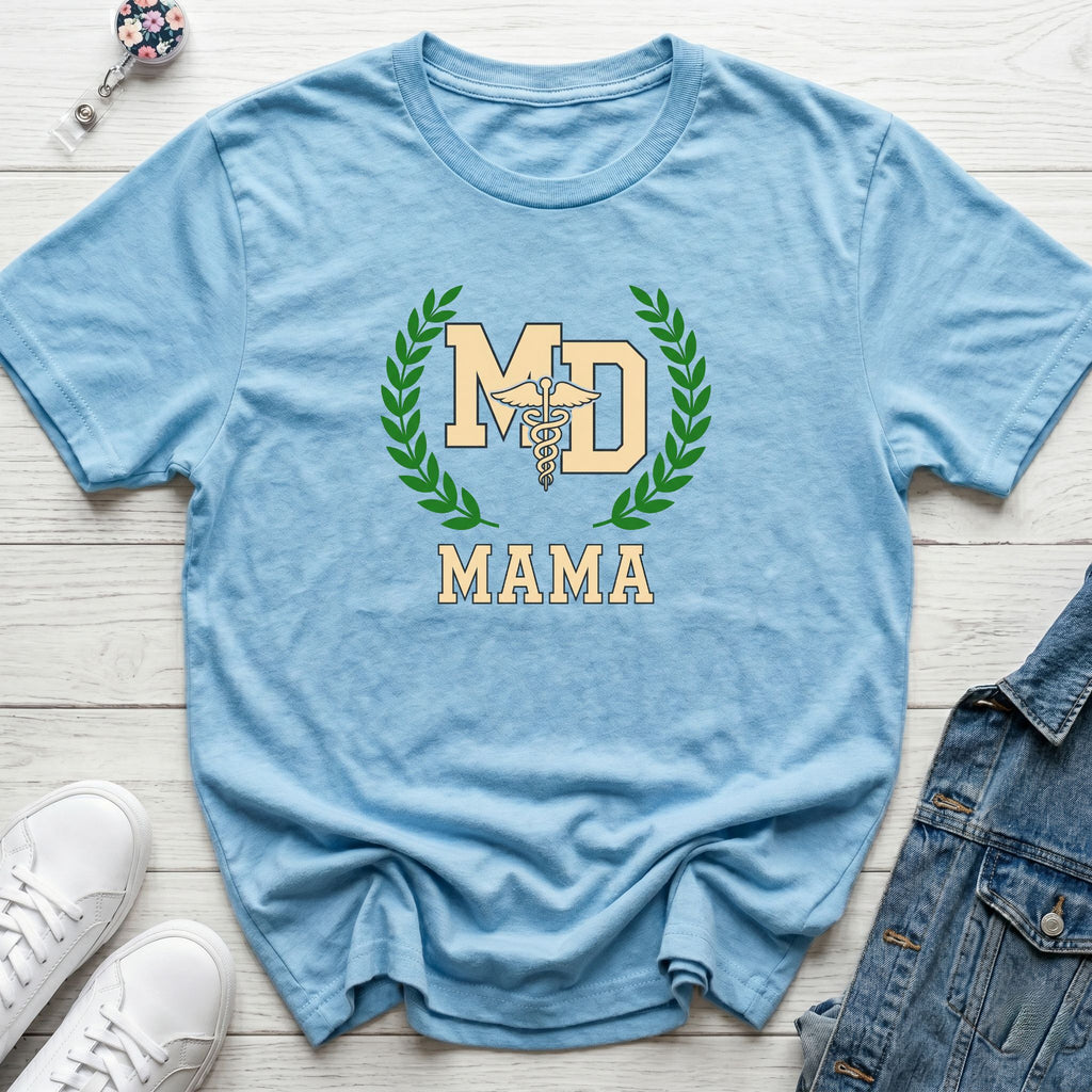 MD Mama College Crest T-Shirt — Mom Tee with Laurel Wreath