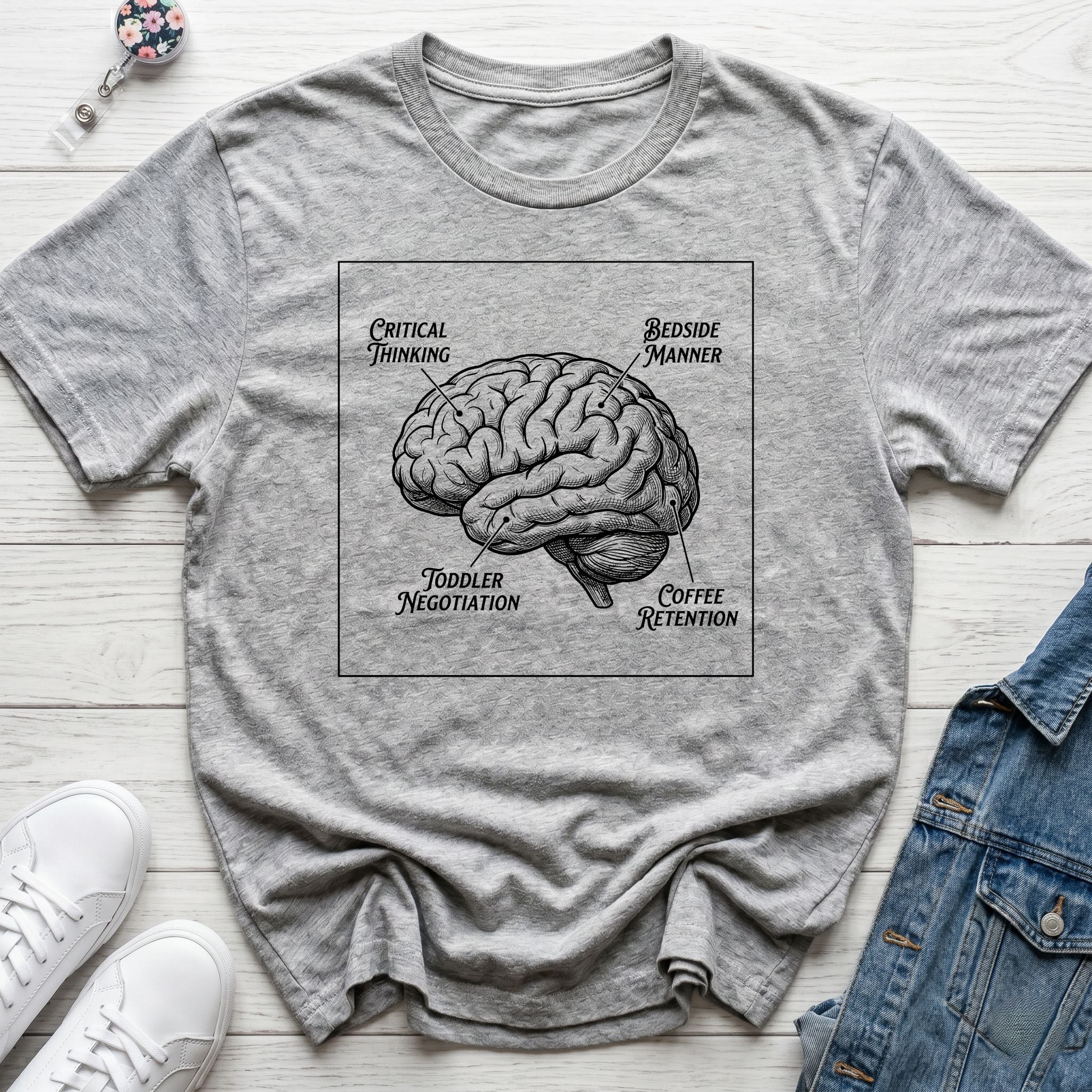 Brain Anatomy T-Shirt — Vintage Illustrated Brain with Labeled Sections (Critical Thinking, Coffee Retention)