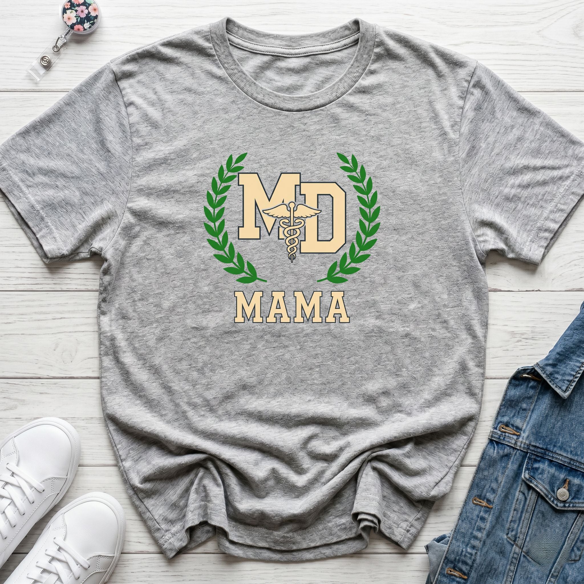 MD Mama College Crest T-Shirt — Mom Tee with Laurel Wreath