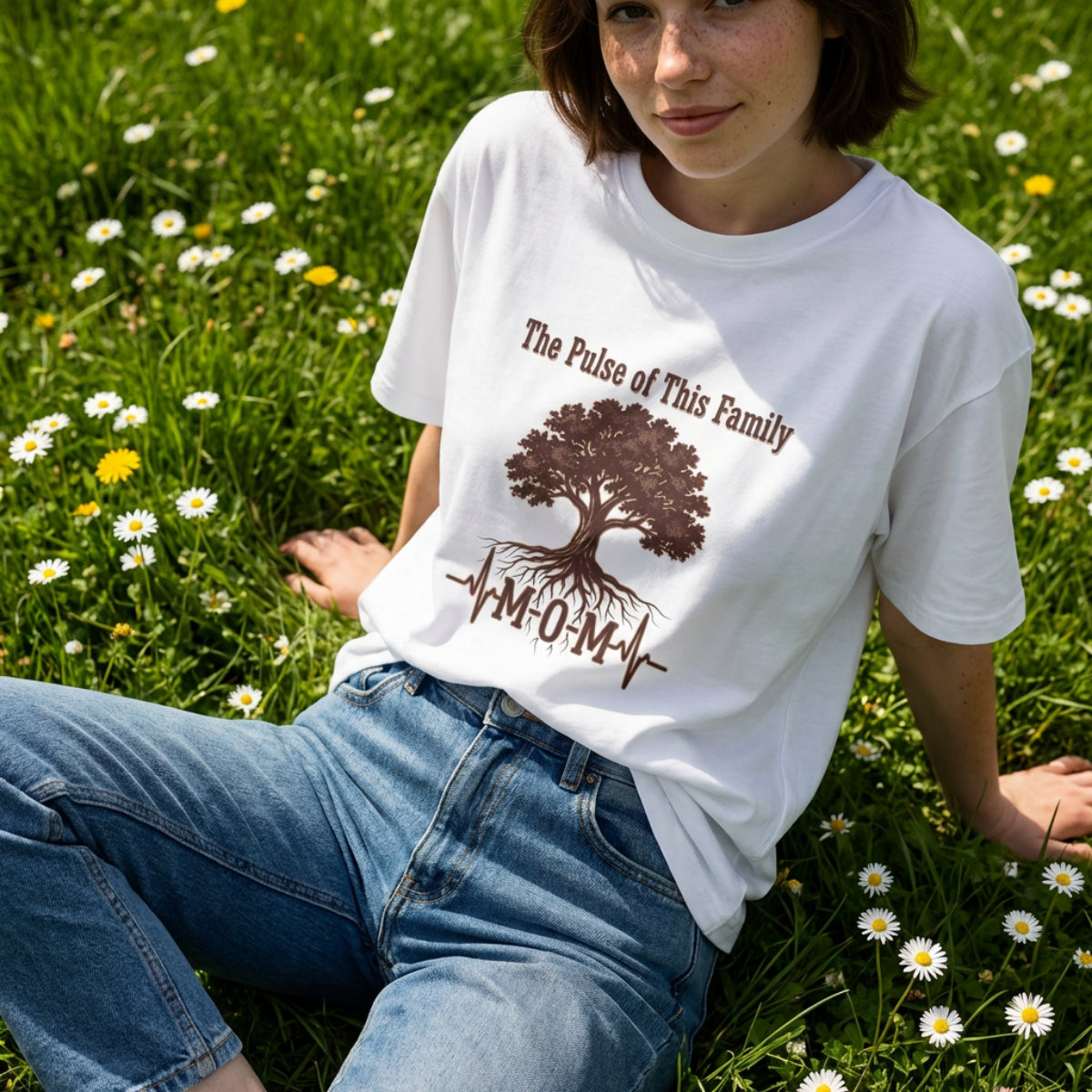 Person wearing a white t-shirt with a tree design and text, sitting in a grassy field with flowers.