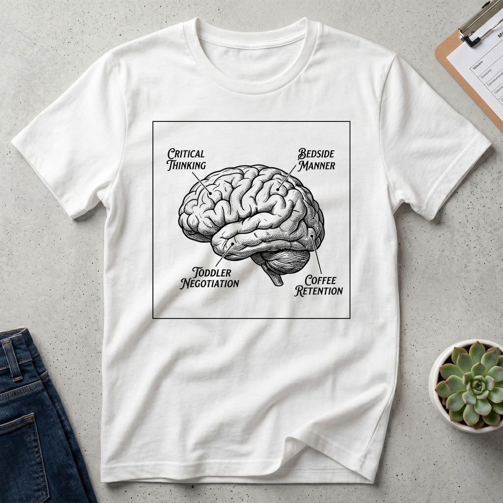 Brain Anatomy T-Shirt — Vintage Illustrated Brain with Labeled Sections (Critical Thinking, Coffee Retention)
