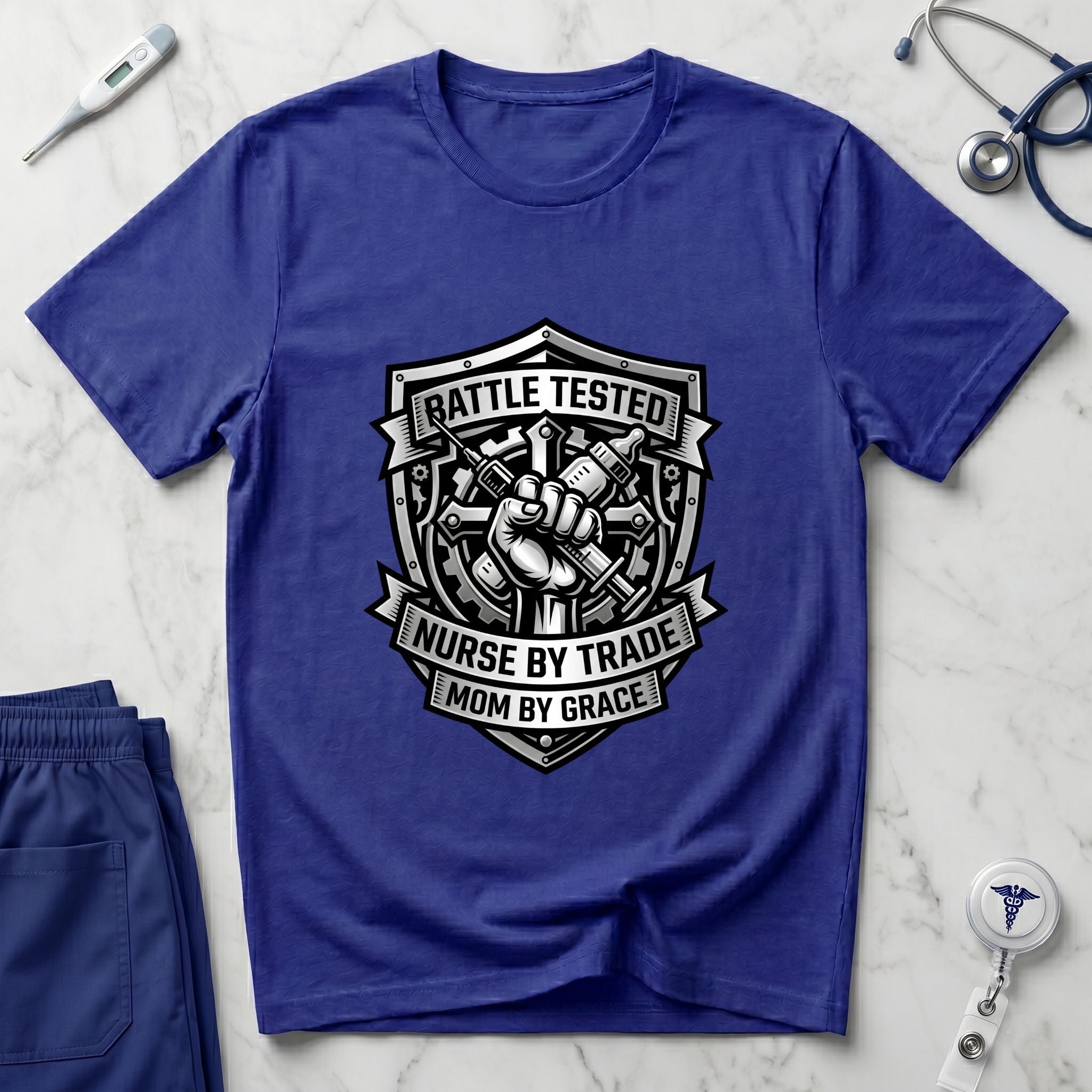 Battle Tested Nurse by Trade Mom by Grace T-Shirt — Nursing Mom Graphic Tee-Navy / XS-YOUSTOMIZE