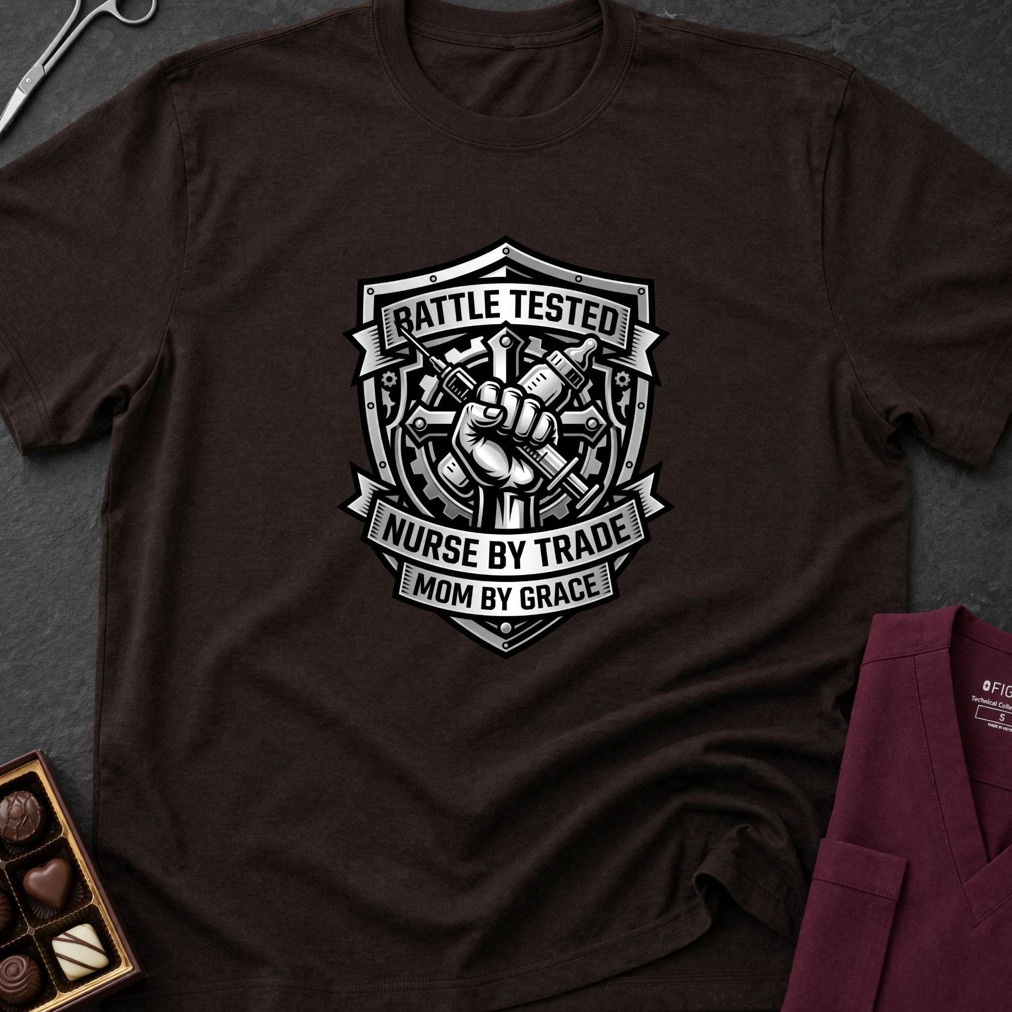 Battle Tested Nurse by Trade Mom by Grace T-Shirt — Nursing Mom Graphic Tee-Navy / XS-YOUSTOMIZE