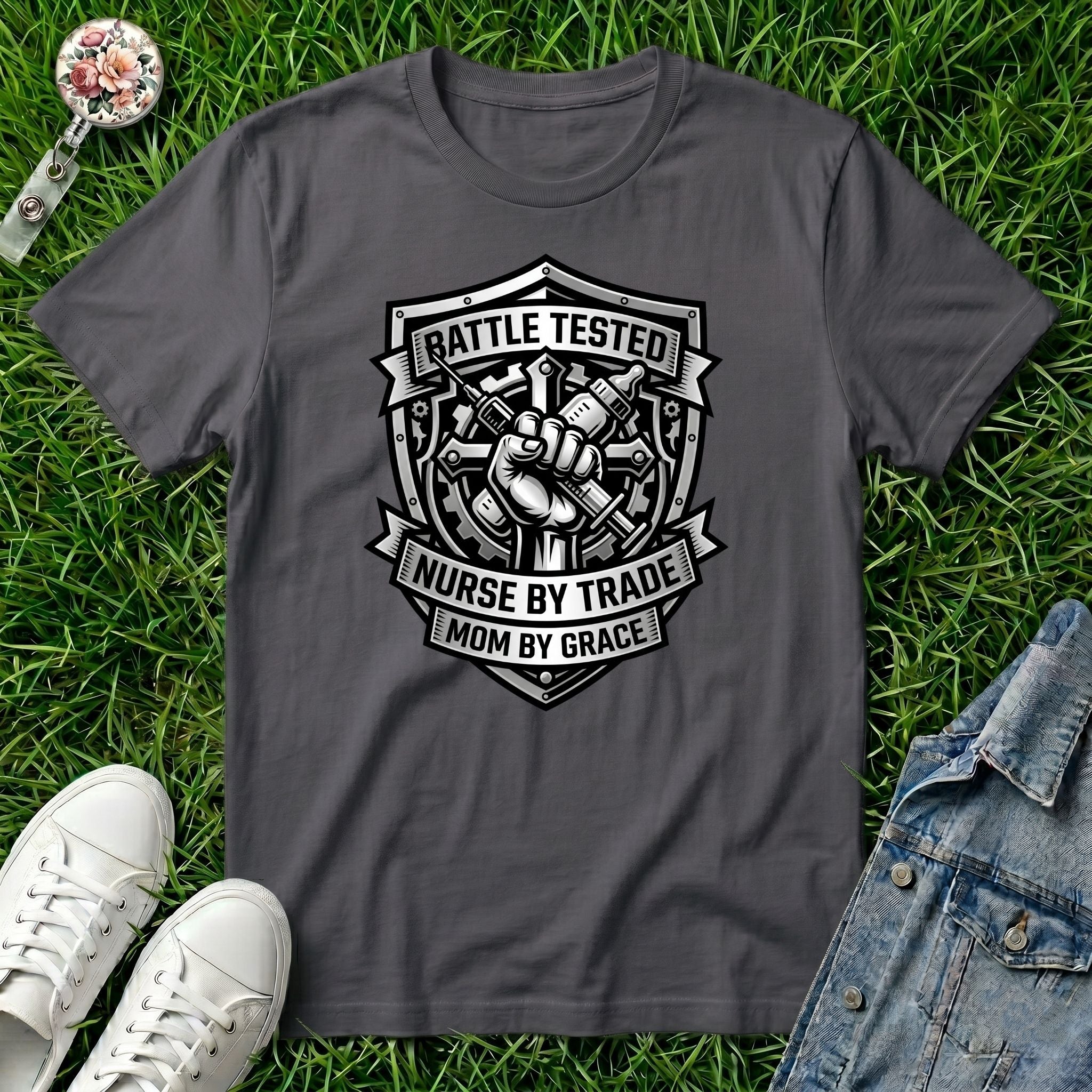 Battle Tested Nurse by Trade Mom by Grace T-Shirt — Nursing Mom Graphic Tee-Navy / XS-YOUSTOMIZE