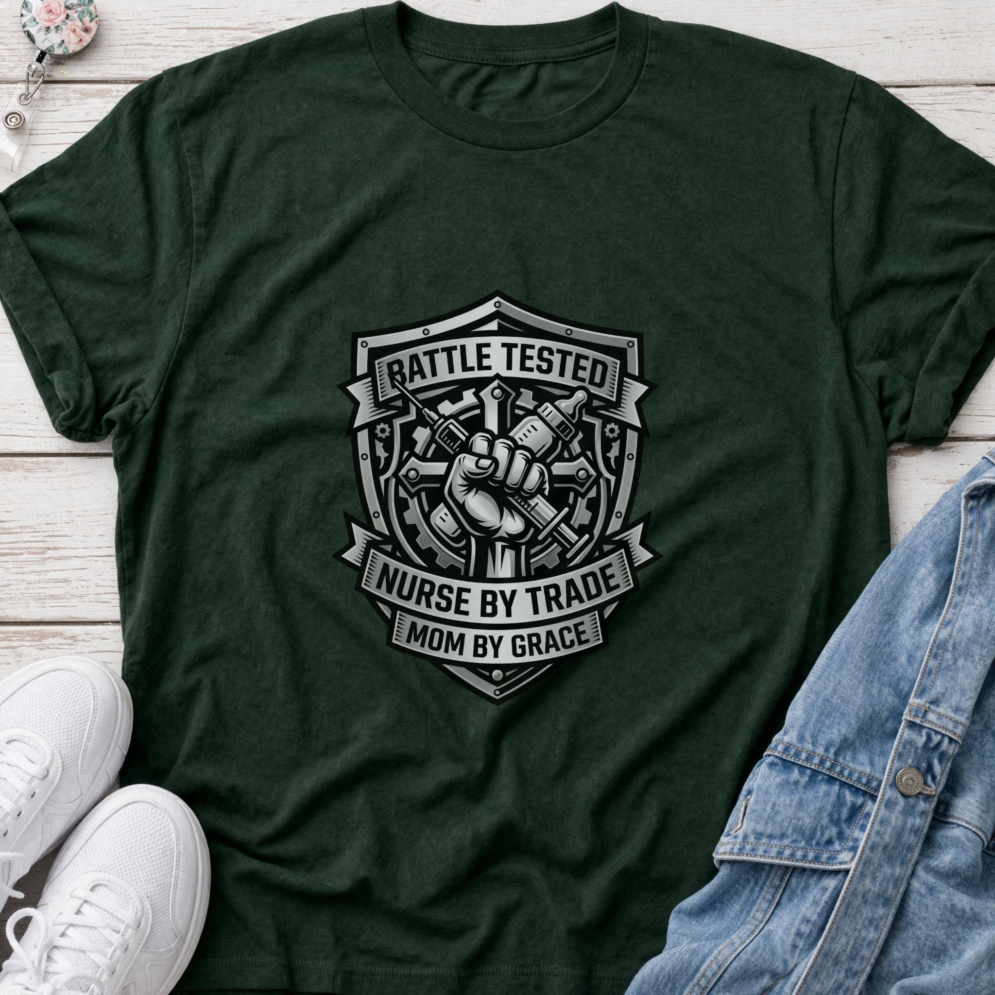 Battle Tested Nurse by Trade Mom by Grace T-Shirt — Nursing Mom Graphic Tee-Navy / XS-YOUSTOMIZE