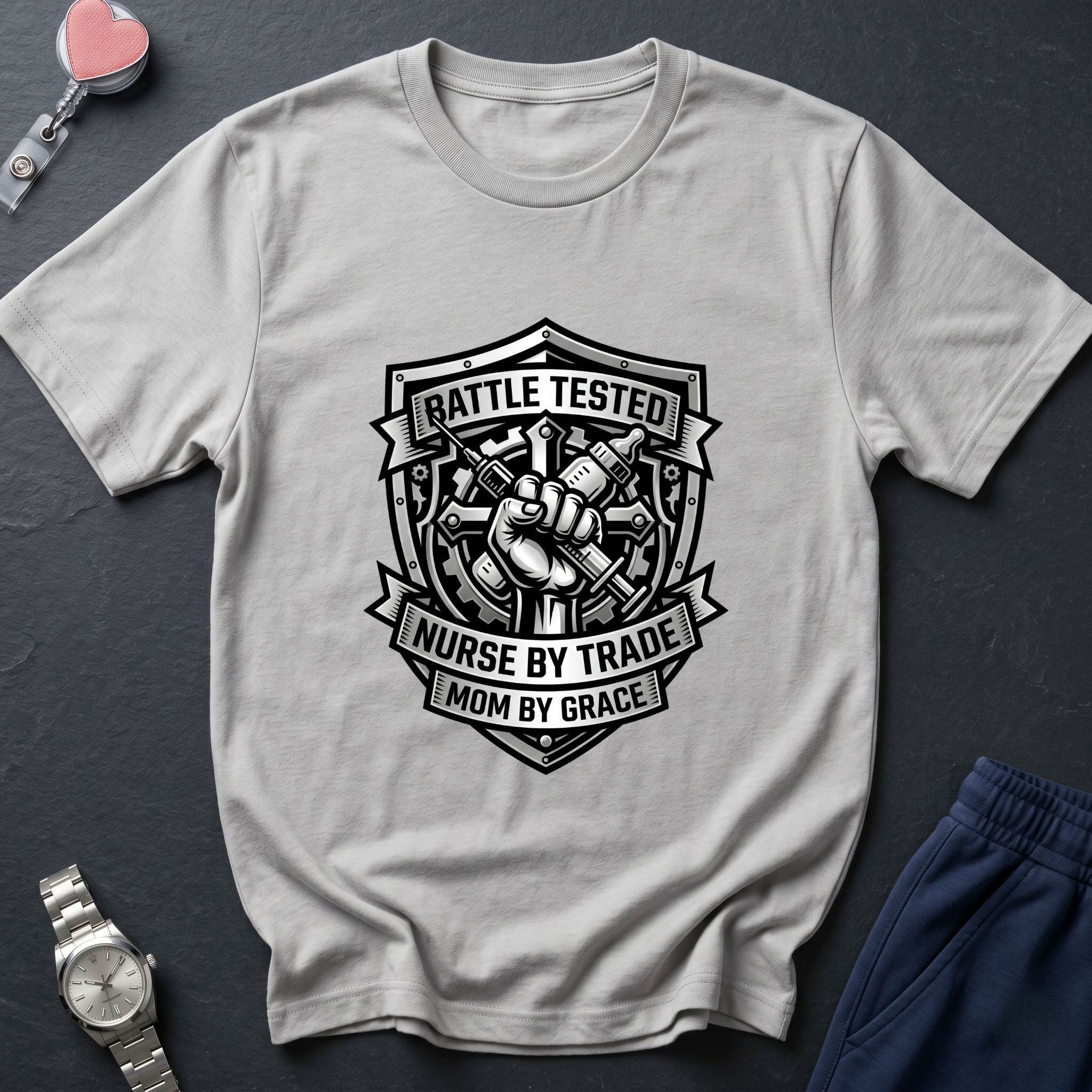 Battle Tested Nurse by Trade Mom by Grace T-Shirt — Nursing Mom Graphic Tee-Navy / XS-YOUSTOMIZE