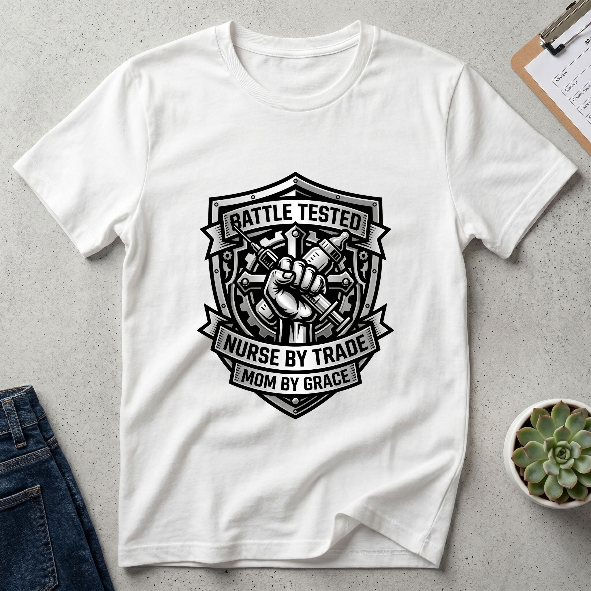 Battle Tested Nurse by Trade Mom by Grace T-Shirt — Nursing Mom Graphic Tee-Navy / XS-YOUSTOMIZE