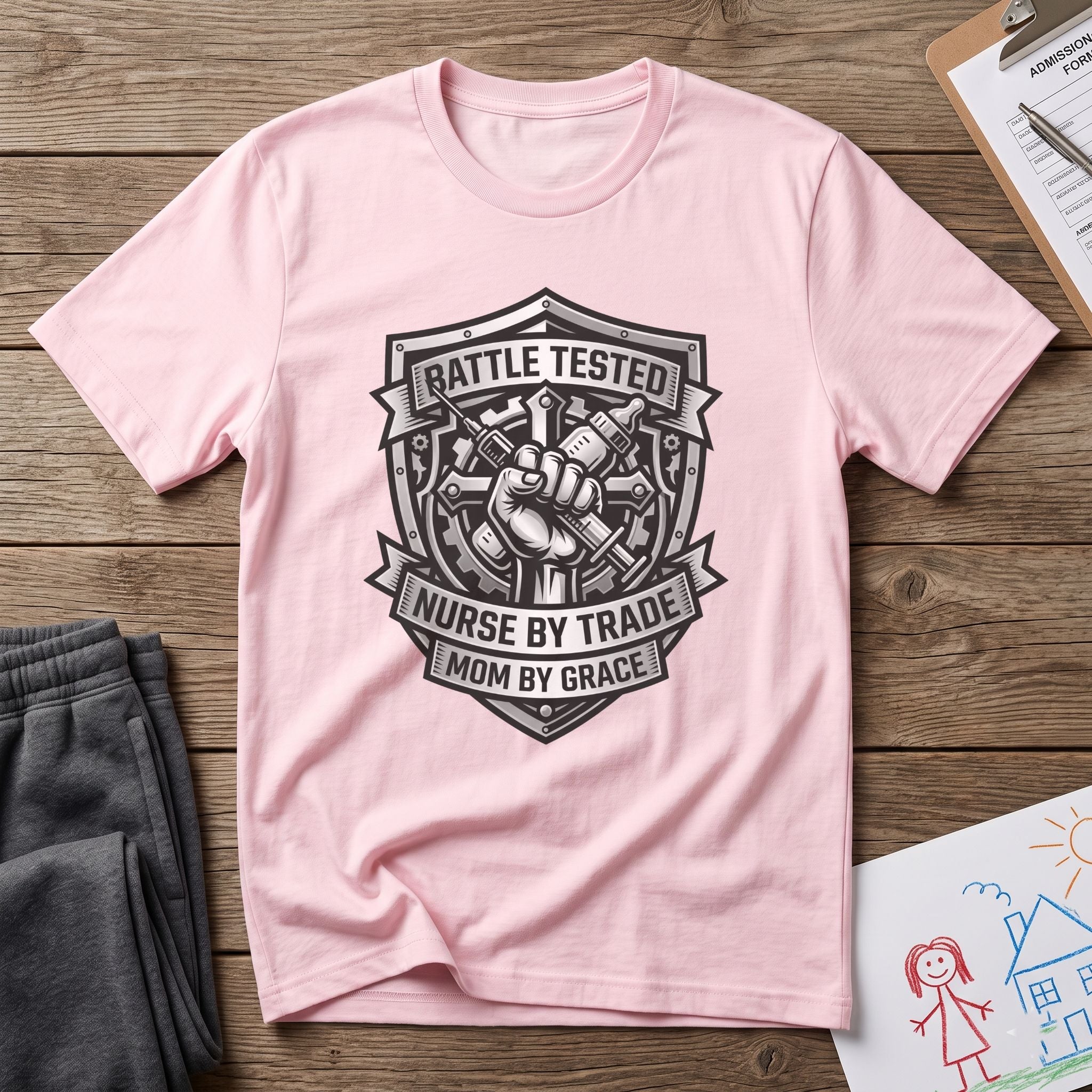 Battle Tested Nurse by Trade Mom by Grace T-Shirt — Nursing Mom Graphic Tee-Navy / XS-YOUSTOMIZE