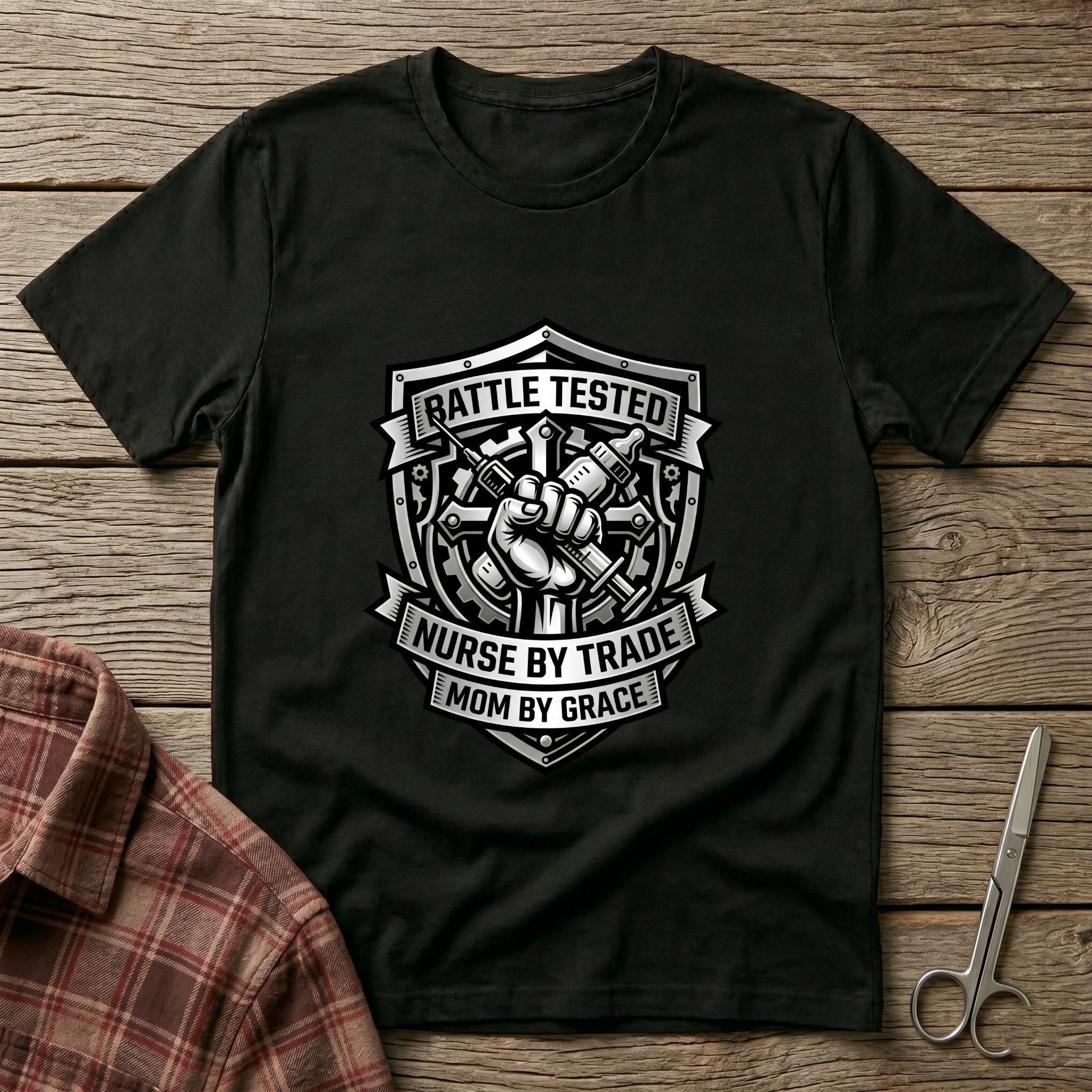 Battle Tested Nurse by Trade Mom by Grace T-Shirt — Nursing Mom Graphic Tee-Navy / XS-YOUSTOMIZE