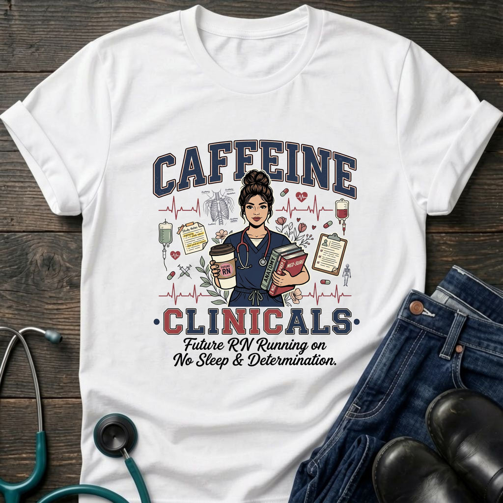Caffeine and Clinicals Future Nurse Coffee Night Shift Tee - White / XS | YOUSTOMIZE