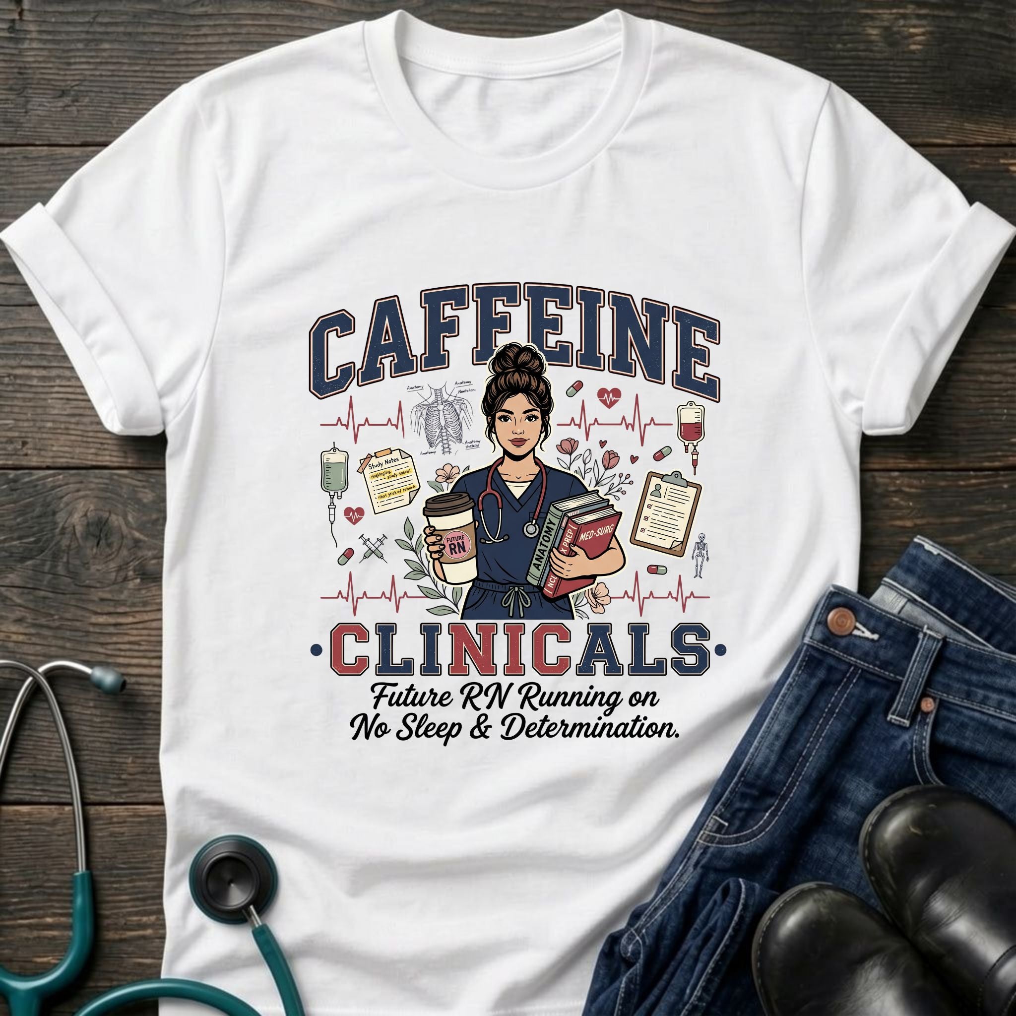 Caffeine and Clinicals Future Nurse Coffee Night Shift Tee - White / XS | YOUSTOMIZE