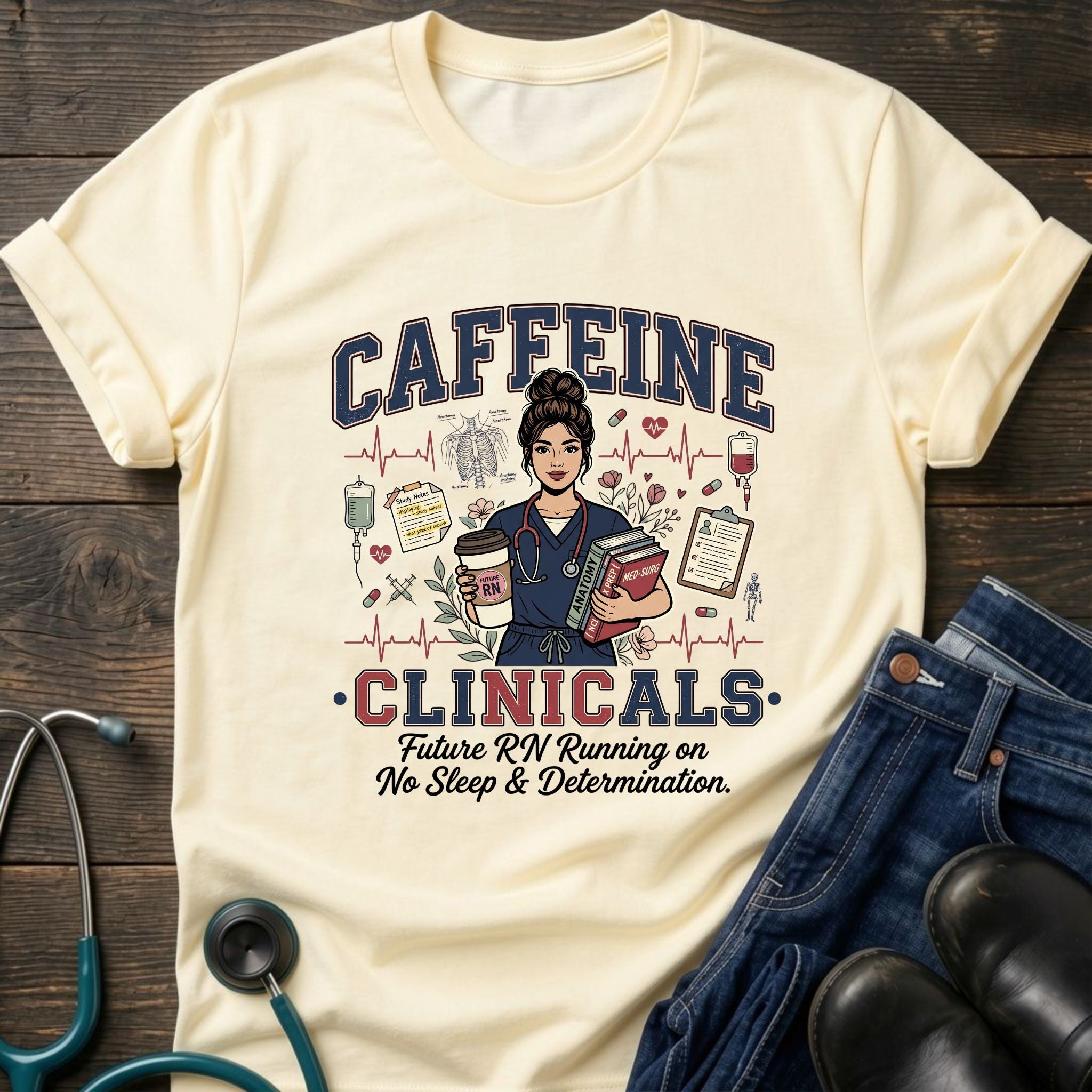 Caffeine and Clinicals Future Nurse Coffee Night Shift Tee - White / XS | YOUSTOMIZE