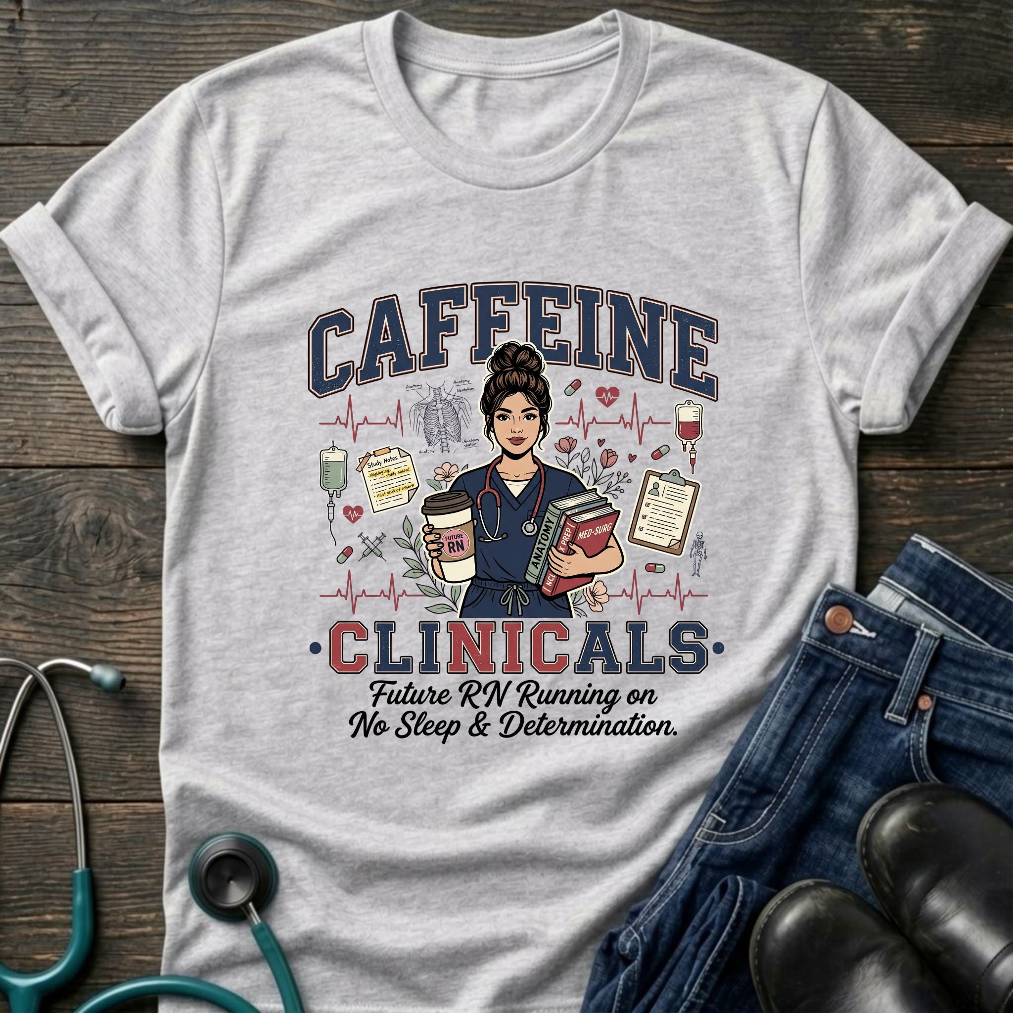 Caffeine and Clinicals Future Nurse Coffee Night Shift Tee - White / XS | YOUSTOMIZE