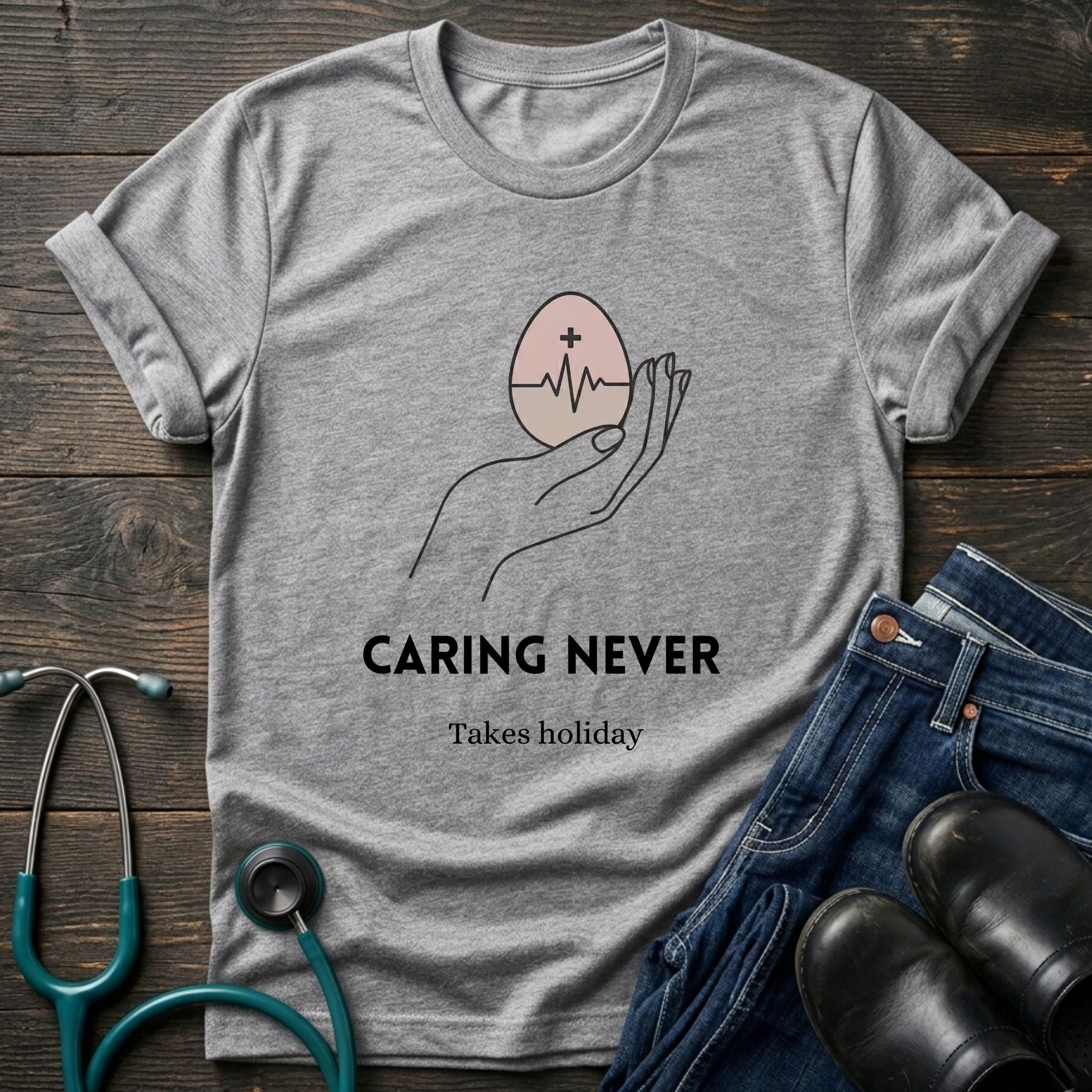 Caring Never Stops Nurse Humor Graphic Tee - Sport Grey / XS | YOUSTOMIZE